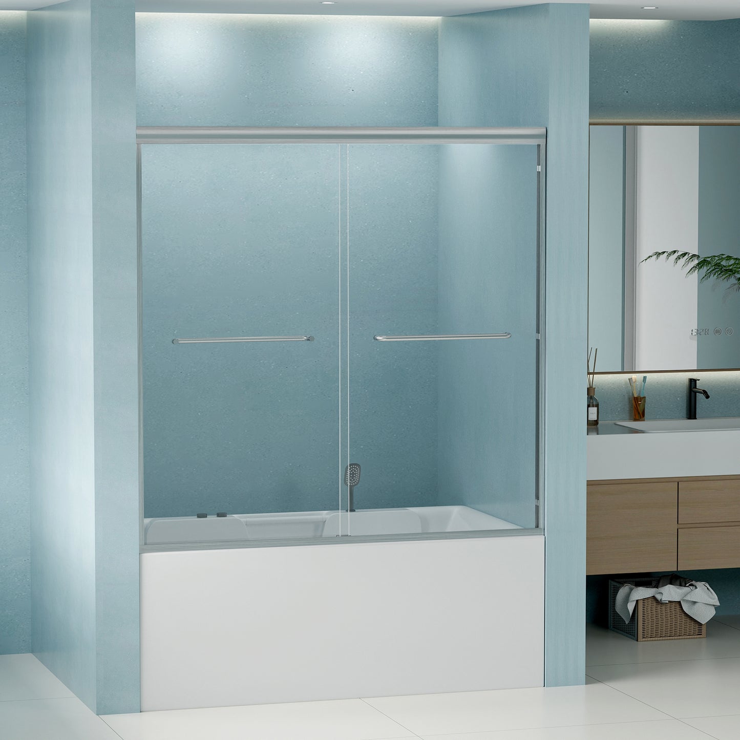 SESSLIFE Sliding Shower Door, Modern Semi-Frameless Style with Explosion-Proof Film and Anti-Leak Design, 56-60"W Adjustable Width with Certified Safety Glass, Brushed Nickel