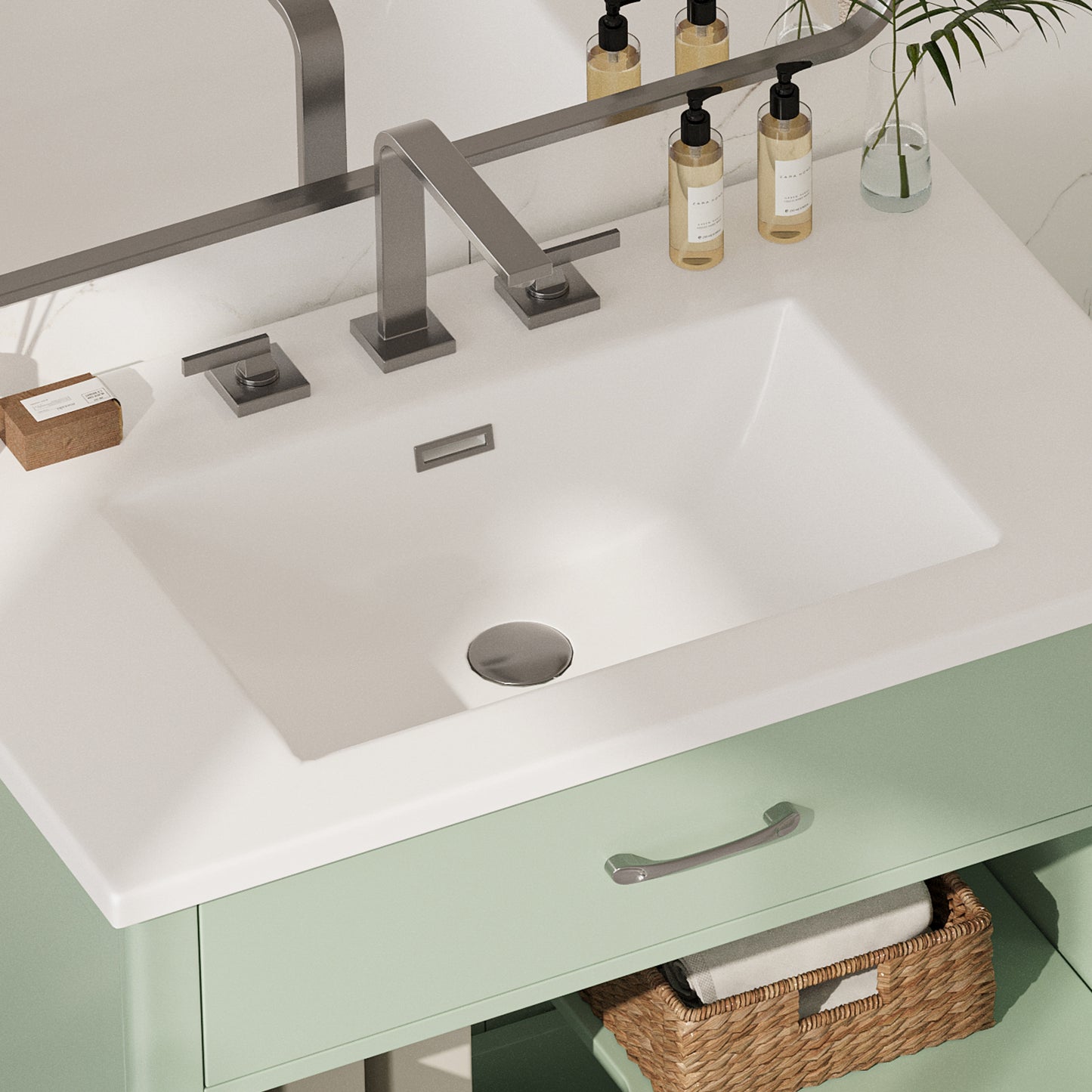 SESSLIFE 30 Inch Bathroom Vanity with Sink, Green Bathroom Cabinet with Vertical Striped Tempered Glass Doors, Soft Close Doors, Rubber Wood Legs, Single Sink Vanity