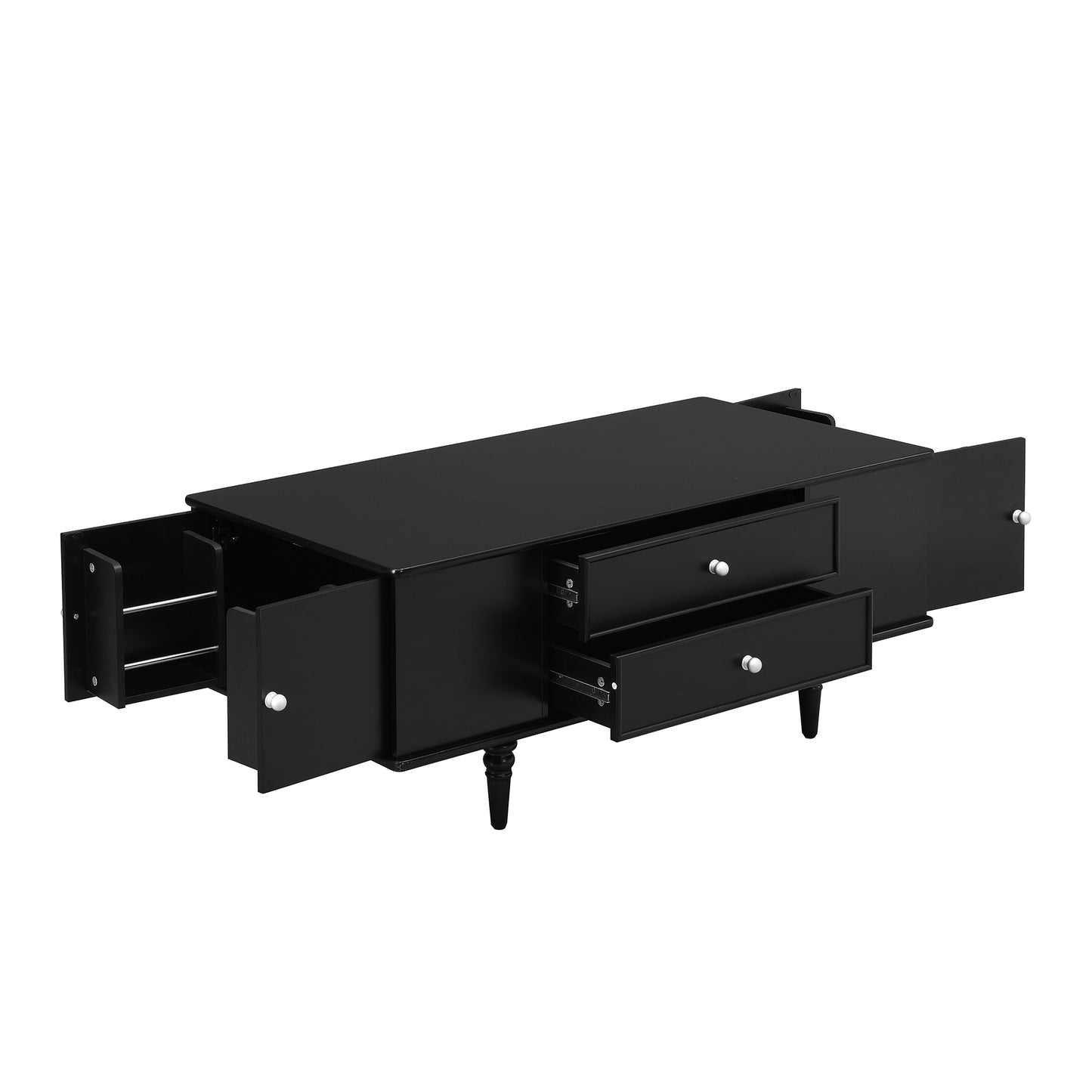 SESSLIFE Modern Coffee Table with 4 Drawers and Hidden Storage, Sturdy MDF Top with Solid Wood Legs, 47.2 Inch Large Rectangle Living Room Table in Black