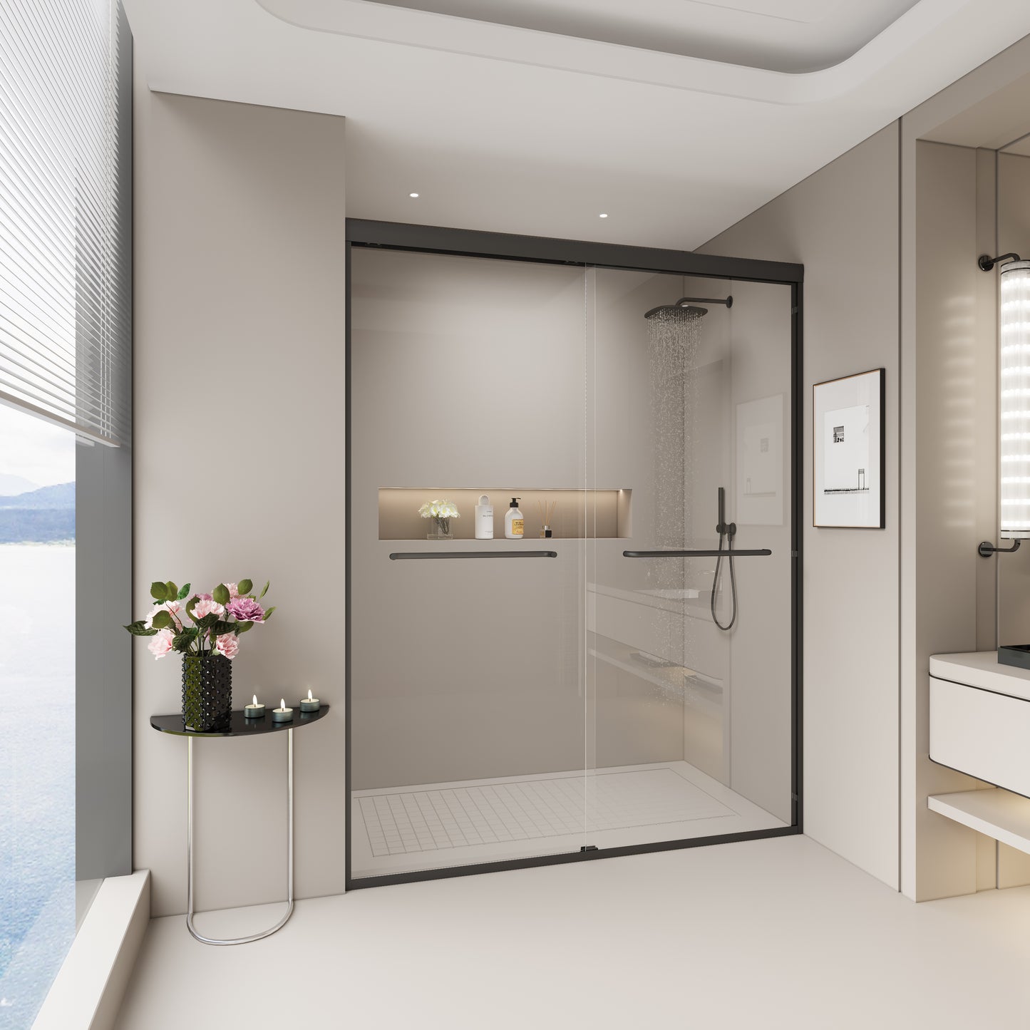 SESSLIFE 56-60" Modern Adjustable Shower Door, Semi-Frameless Matte Black, 1/4 Inch Tempered Glass with Bilateral Installation, Anti-Leak Seal for Walk-in Shower/Bathtub, 72" H