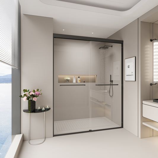 SESSLIFE 56-60" Modern Adjustable Shower Door, Semi-Frameless Matte Black, 1/4 Inch Tempered Glass with Bilateral Installation, Anti-Leak Seal for Walk-in Shower/Bathtub, 72" H