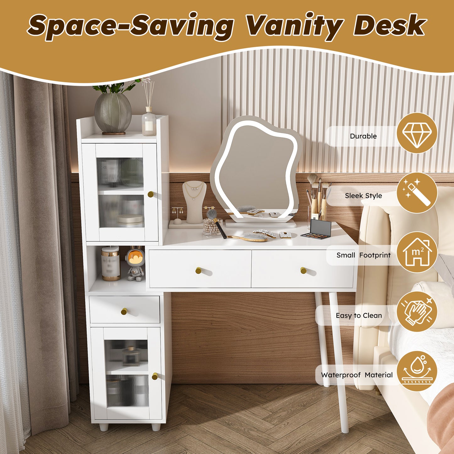 SESSLIFE Makeup Vanity Desk with 3 Color Lights and Mirror, Dressing Table with 3 Drawers, Storage Shelves and Cabinets, LED Vanity Table with Adjustable Brightness for Bedroom, White