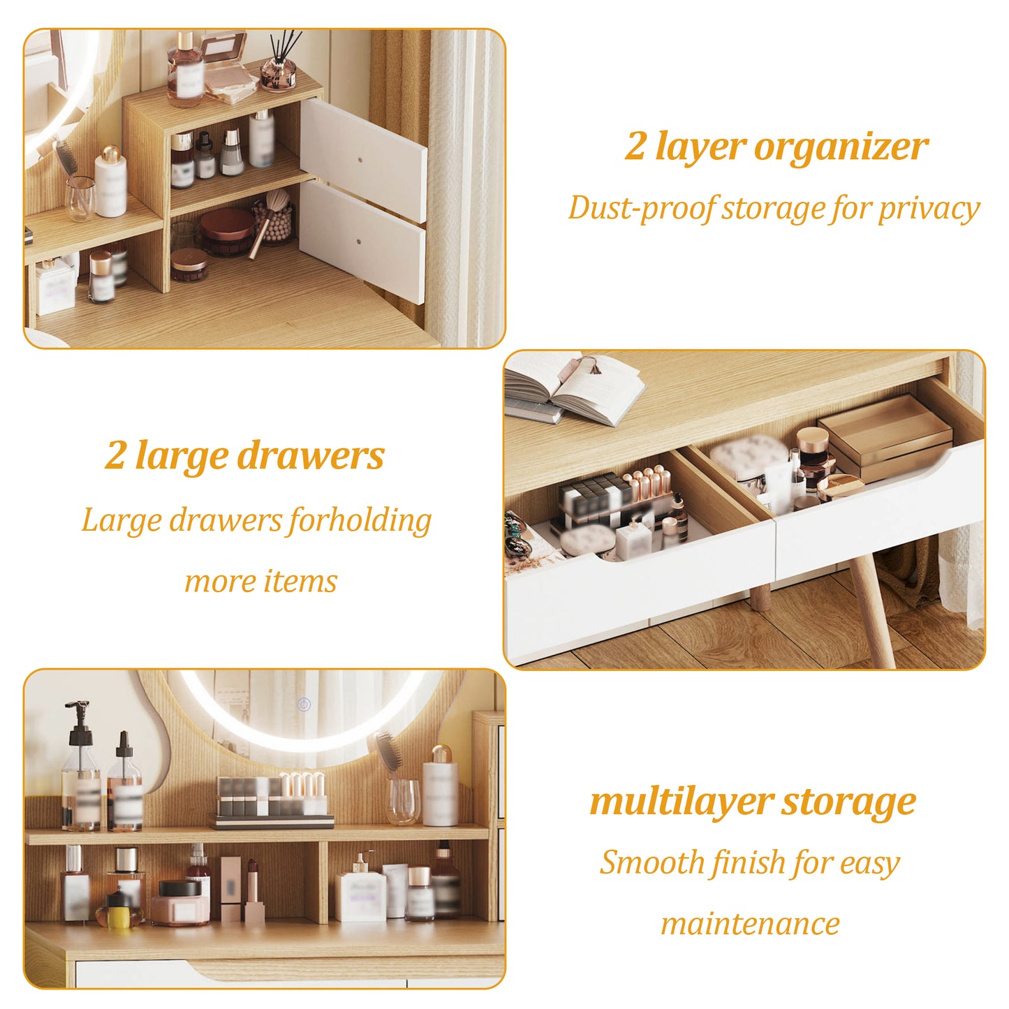 SESSLIFE Makeup Vanity Desk with Mirror and Lights, Lighted Vanity Table with 4 Drawers and 3 Shelves, Small Vanity Desk with Storage for Bedroom, Adjustable LED Mirror, White Oak