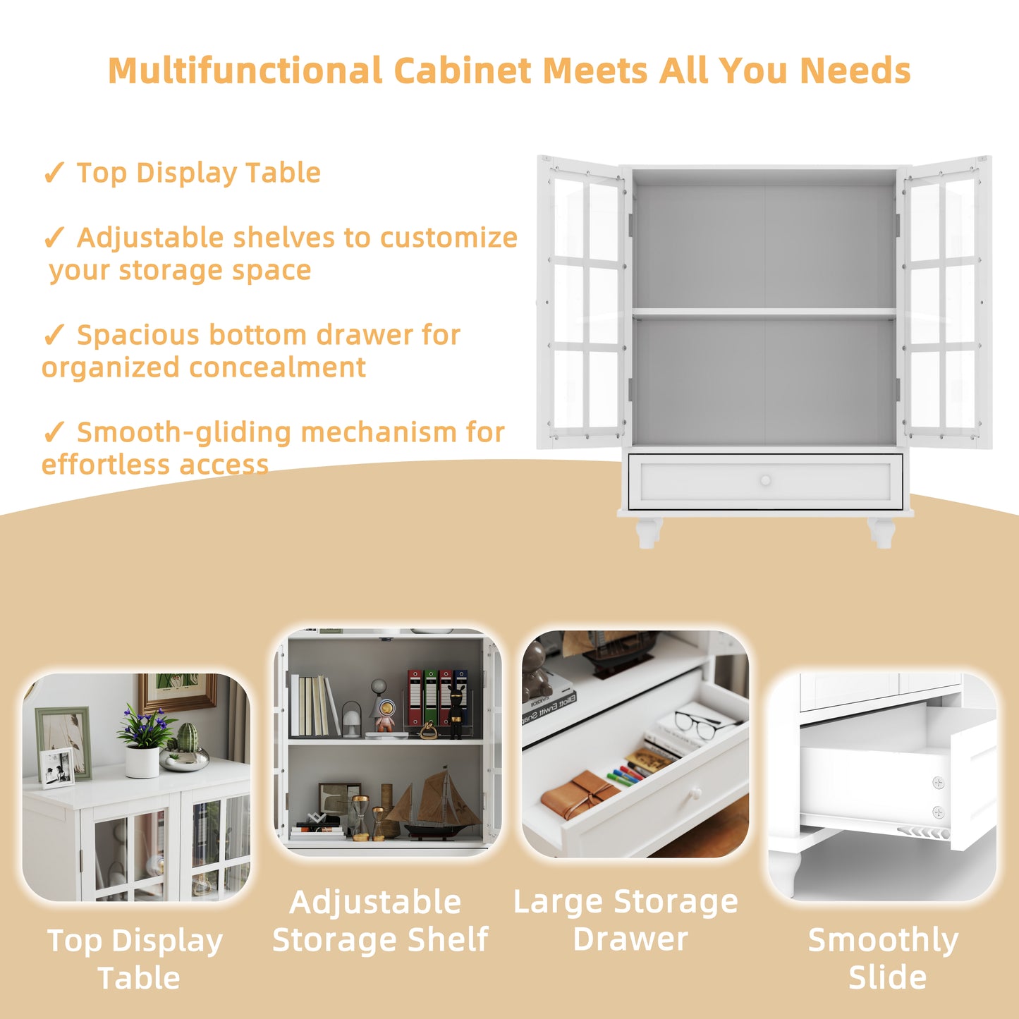 SESSLIIFE Compact Buffet Cabinet for Small Space, 31.5" White Sideboard with Glass Doors and Drawer, Storage Cabinet for Entryway, Hallway or Bedroom, White
