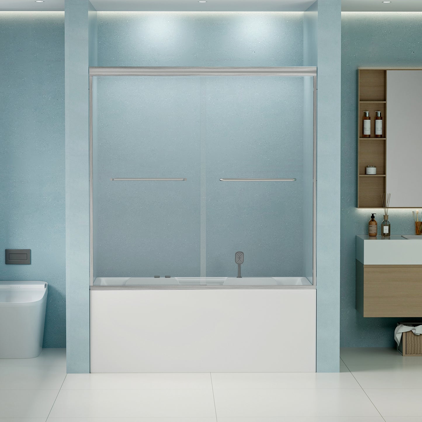 SESSLIFE Sliding Shower Door, Modern Semi-Frameless Style with Explosion-Proof Film and Anti-Leak Design, 56-60"W Adjustable Width with Certified Safety Glass, Brushed Nickel