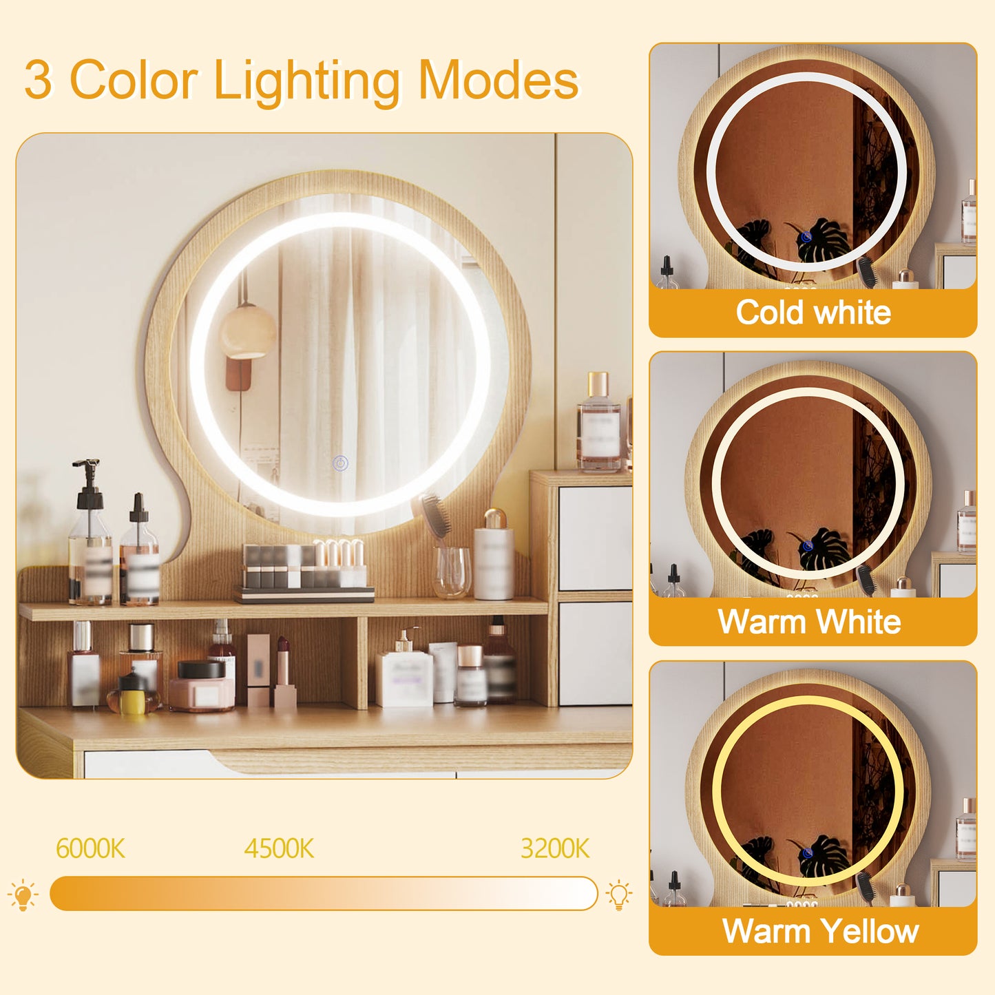 SESSLIFE Makeup Vanity Desk with Mirror and Lights, Lighted Vanity Table with 4 Drawers and 3 Shelves, Small Vanity Desk with Storage for Bedroom, Adjustable LED Mirror, White Oak