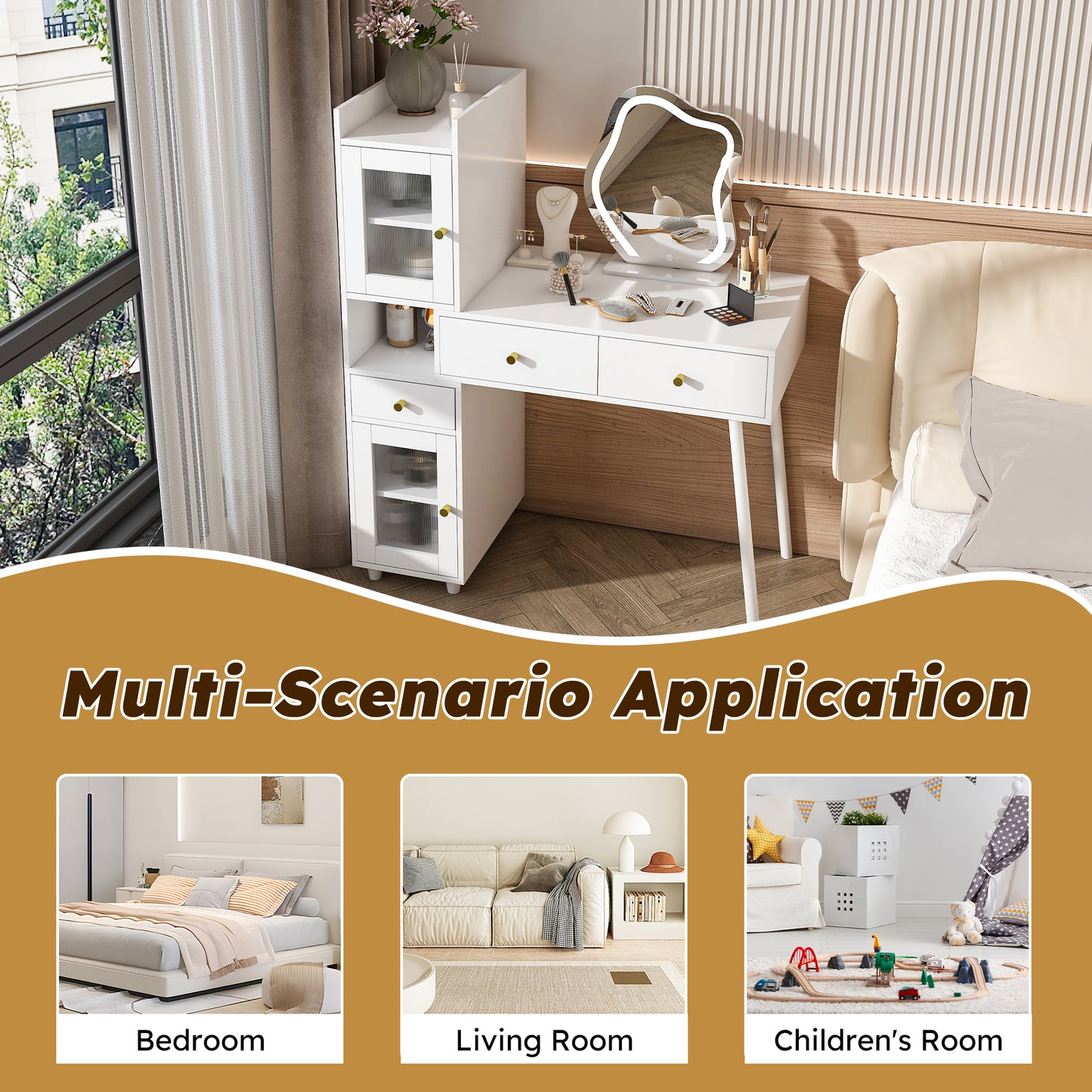 SESSLIFE Makeup Vanity Desk with 3 Color Lights and Mirror, Dressing Table with 3 Drawers, Storage Shelves and Cabinets, LED Vanity Table with Adjustable Brightness for Bedroom, White