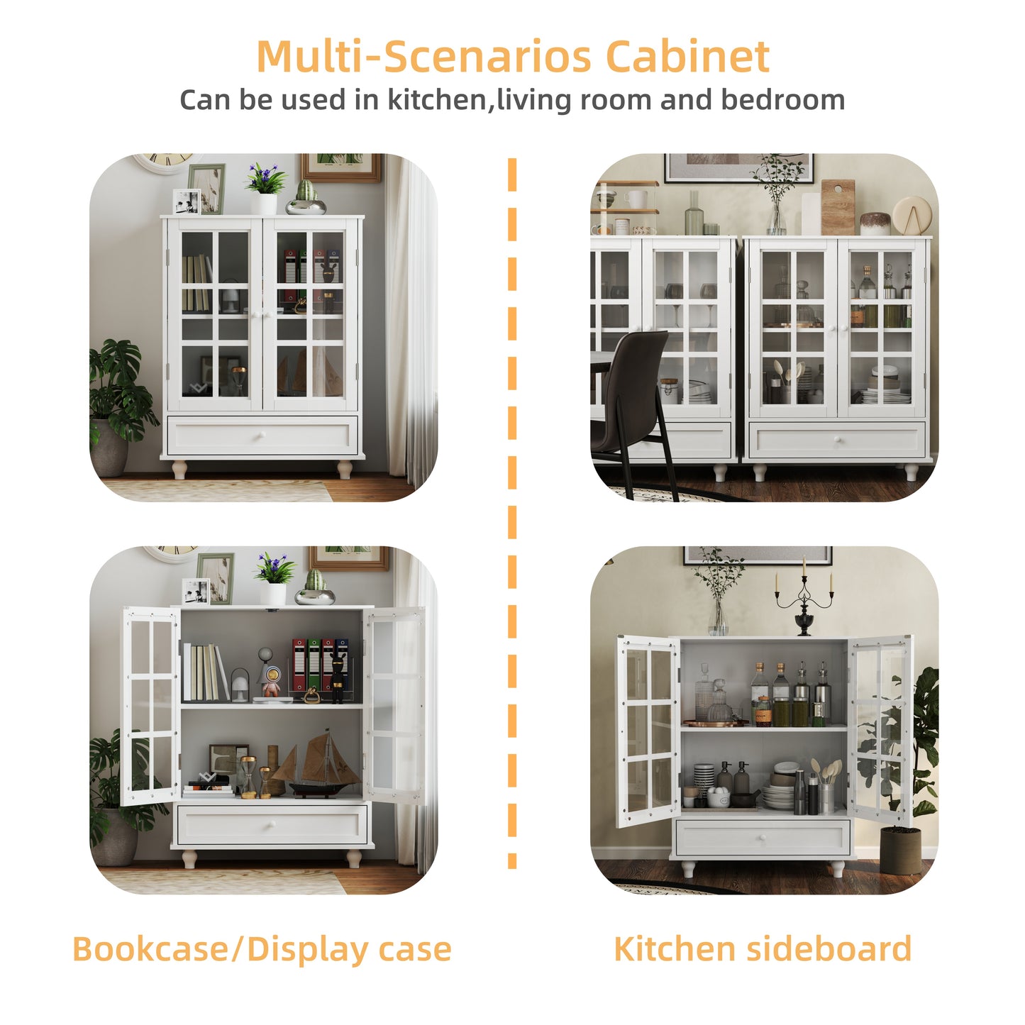 SESSLIIFE Compact Buffet Cabinet for Small Space, 31.5" White Sideboard with Glass Doors and Drawer, Storage Cabinet for Entryway, Hallway or Bedroom, White