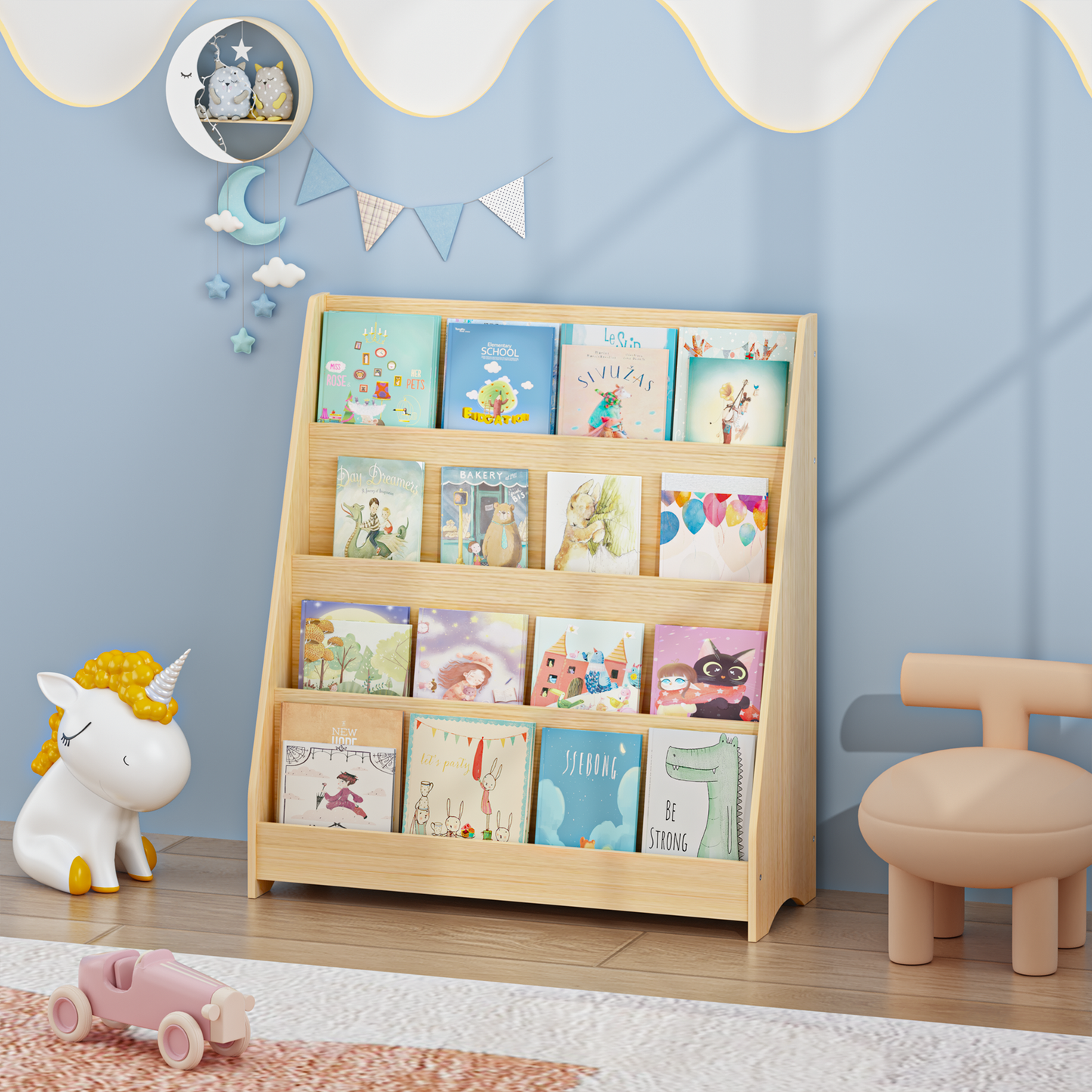 4-Tier Book Display Bookshelf, Open Front Book Storage Organizer for Bedroom Playroom Nursery Classroom, Natural