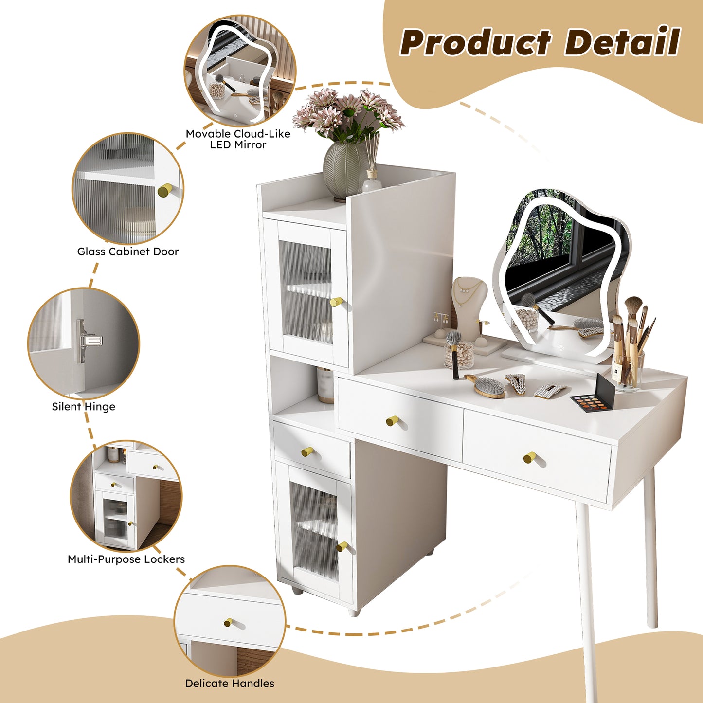 SESSLIFE Makeup Vanity Desk with 3 Color Lights and Mirror, Dressing Table with 3 Drawers, Storage Shelves and Cabinets, LED Vanity Table with Adjustable Brightness for Bedroom, White