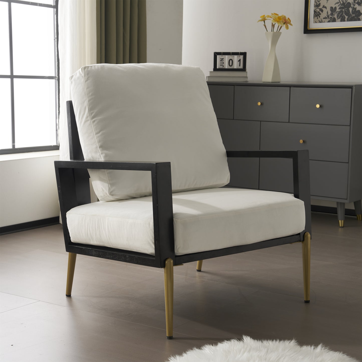 SESSLIFE Upholstered Velvet Accent Chair, Modern White Lounge Arm Chair with Solid Rubberwood Frame and Gold Metal Legs, Reading Chair for Living Room, Bedroom, Balcony