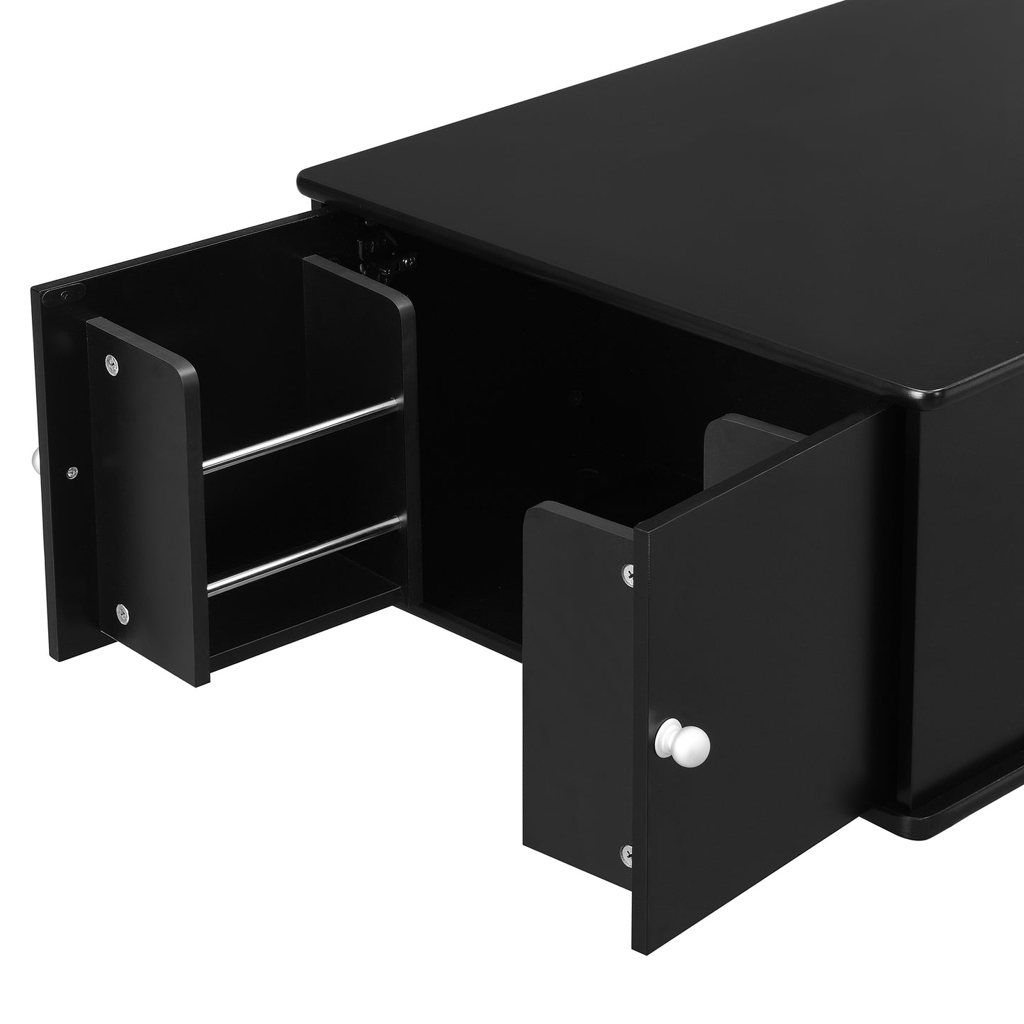 SESSLIFE Modern Coffee Table with 4 Drawers and Hidden Storage, Sturdy MDF Top with Solid Wood Legs, 47.2 Inch Large Rectangle Living Room Table in Black