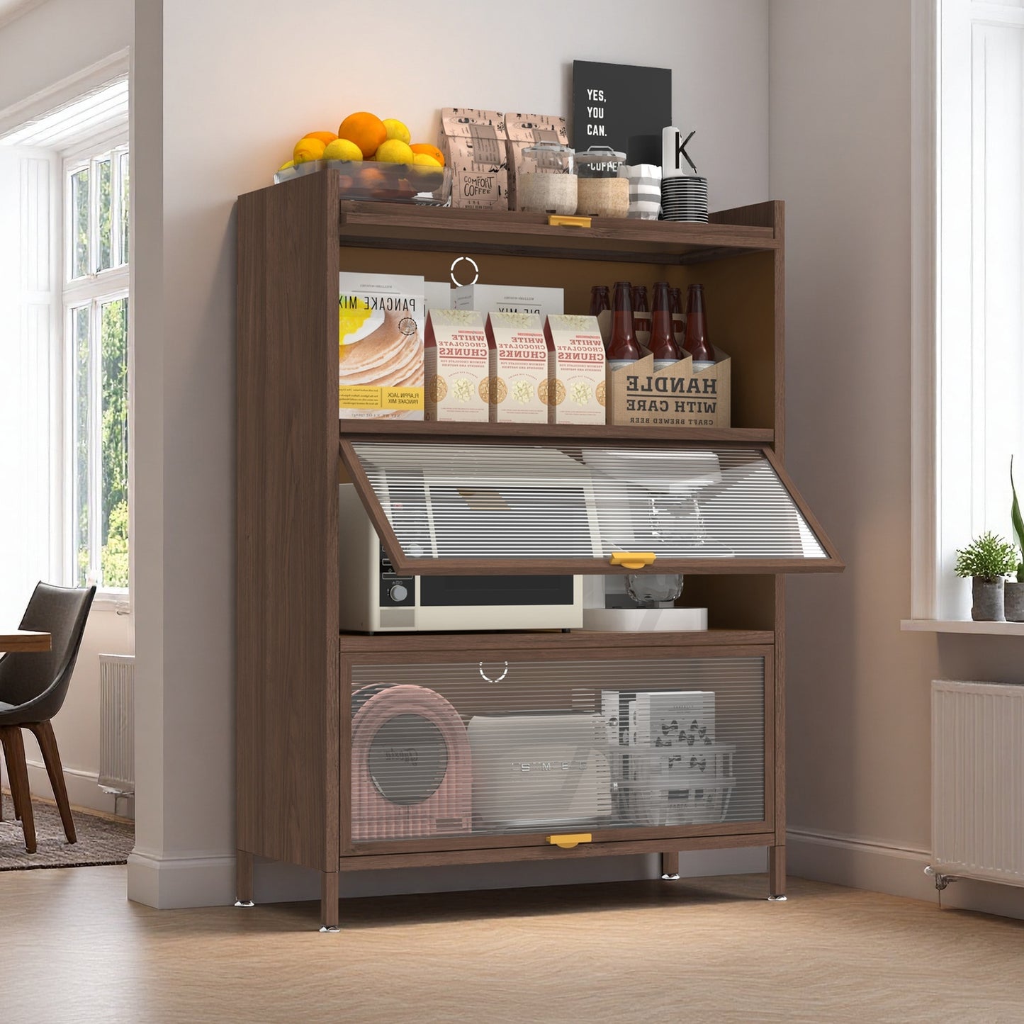SESSLIFE Metal Storage Cabinet with Doors and Shelves, 57" Steel Utility Cabinet for Kitchen, Bathroom Storage Cabinet for Small Spaces, Narrow Freestanding Cabinet, Walnut