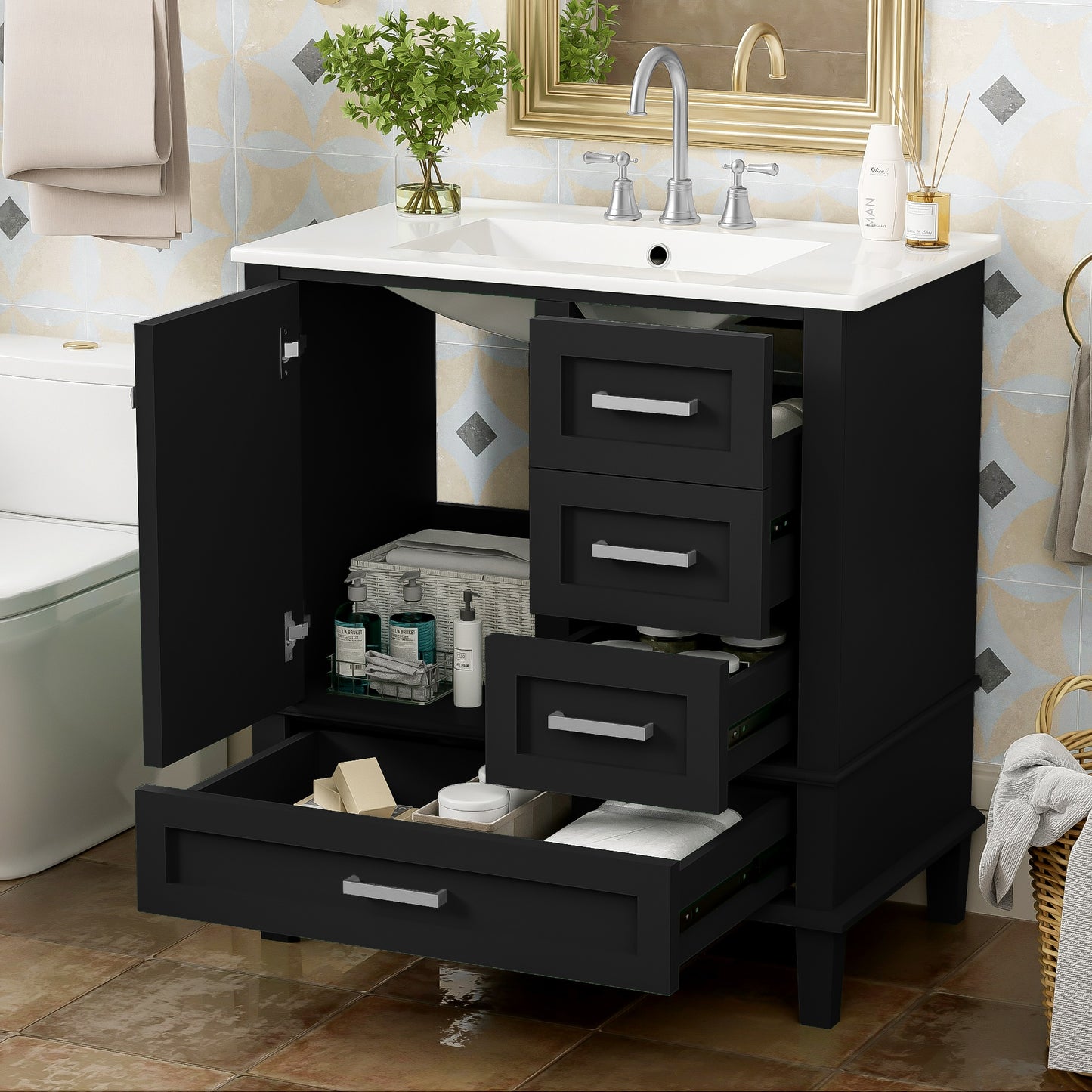 SESSLIFE 30" Bathroom Vanity with Sink, Modern Freestanding Bathroom Cabinet with Ceramic Sink, Soft Close Door and 3 Drawers, Solid Wood Frame, Sage Green
