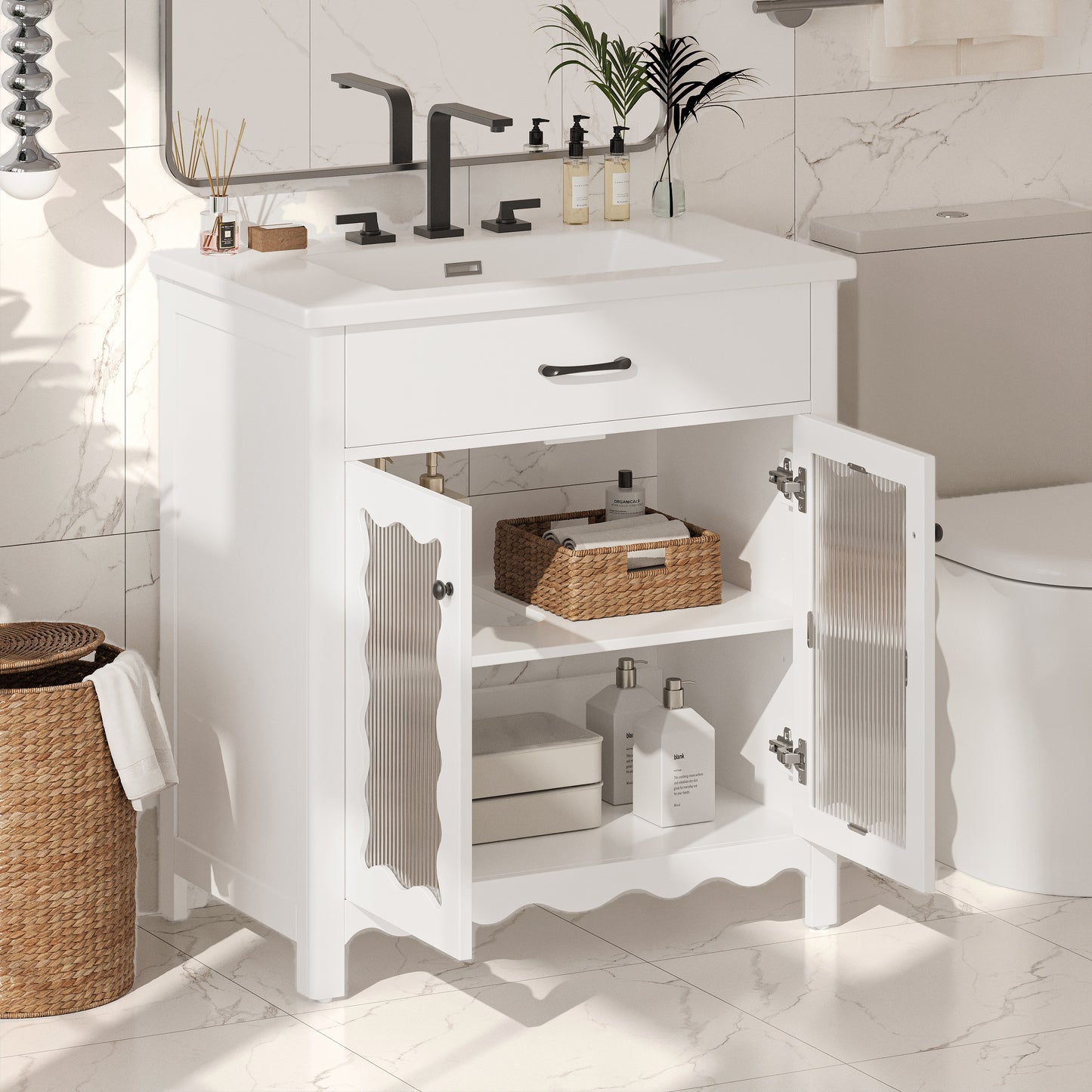 SESSLIFE 30 Inch Bathroom Vanity with Sink, Green Bathroom Cabinet with Vertical Striped Tempered Glass Doors, Soft Close Doors, Rubber Wood Legs, Single Sink Vanity