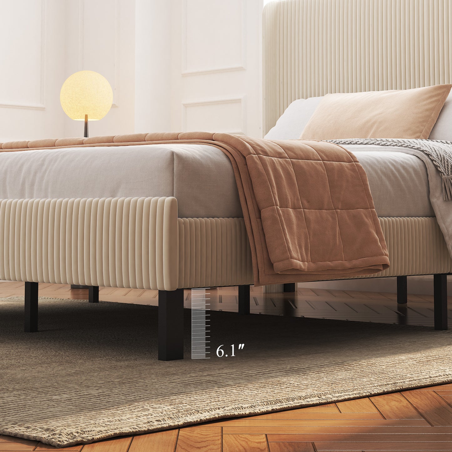 SESSLIFE Queen Platform Bed Frame with Charging Station, Beige Upholstered Bed Frame with Top Shelf Headboard, Metal Slats Hold up to 800lbs, Noise-Free, No Box Spring Needed, Easy Assembly