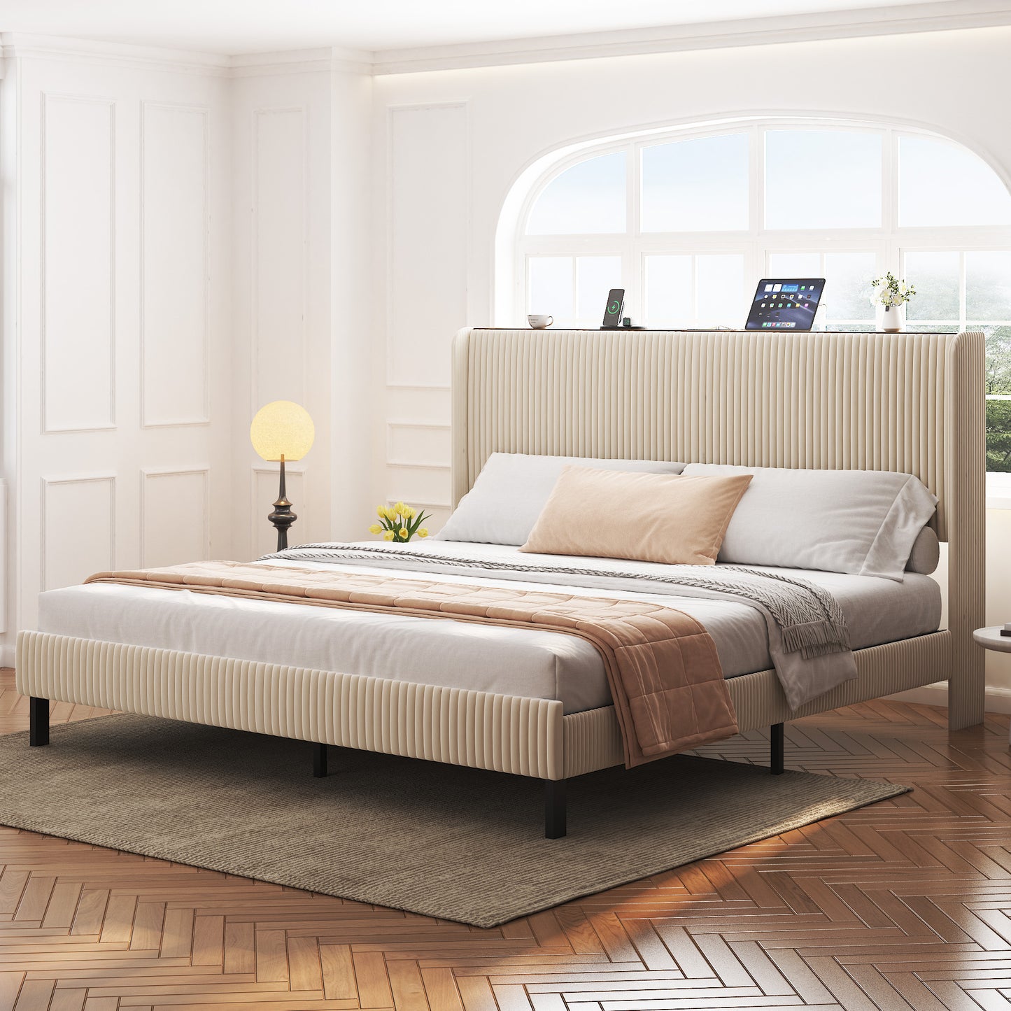 SESSLIFE Queen Platform Bed Frame with Charging Station, Beige Upholstered Bed Frame with Top Shelf Headboard, Metal Slats Hold up to 800lbs, Noise-Free, No Box Spring Needed, Easy Assembly