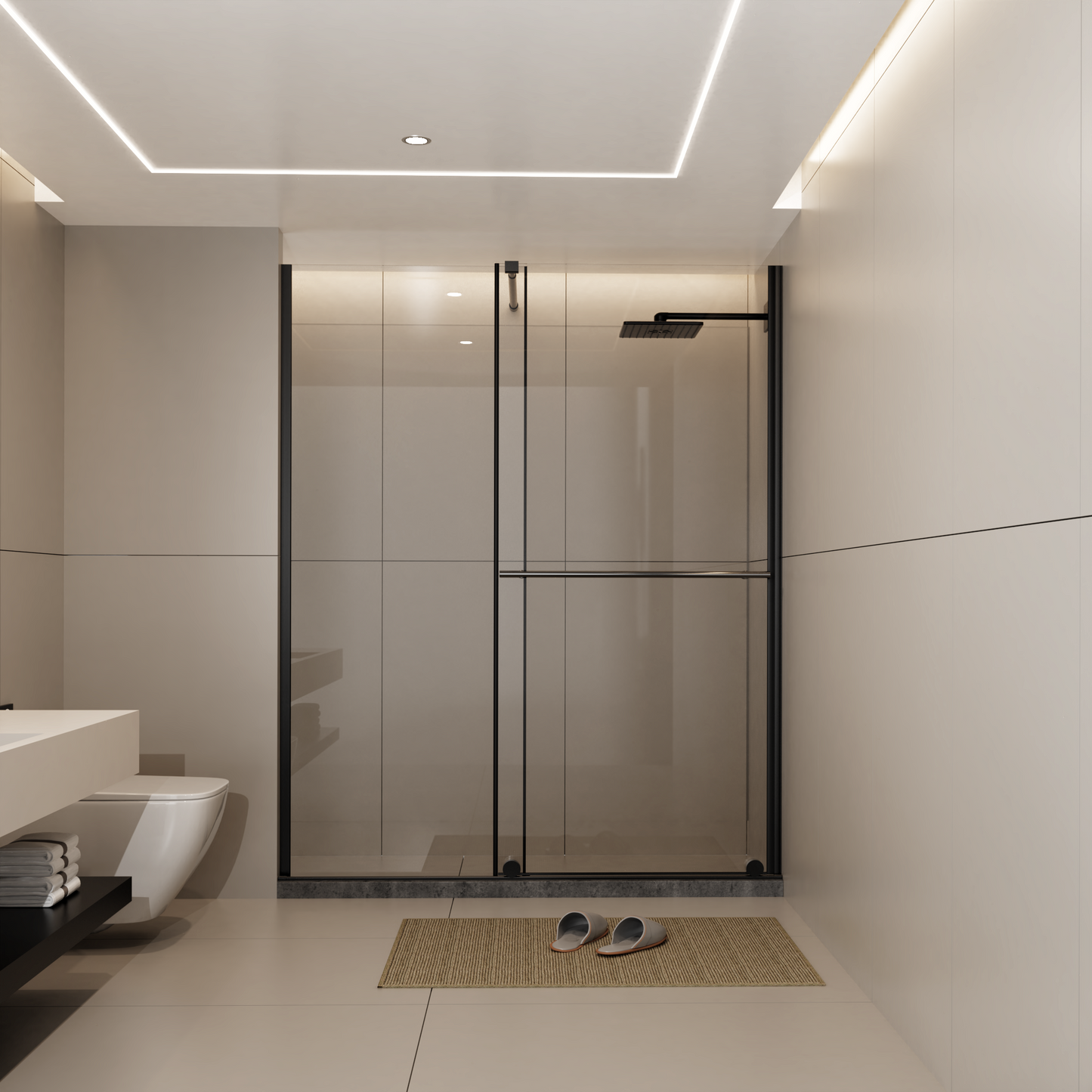 SESSLIFE 60"W x 72"H Adjustable Sliding Glass Shower Door, Frameless Bathtub Door with Dual Usage Walk-In Shower Screen, Stainless Steel Handle and Support Bar, Matte Black