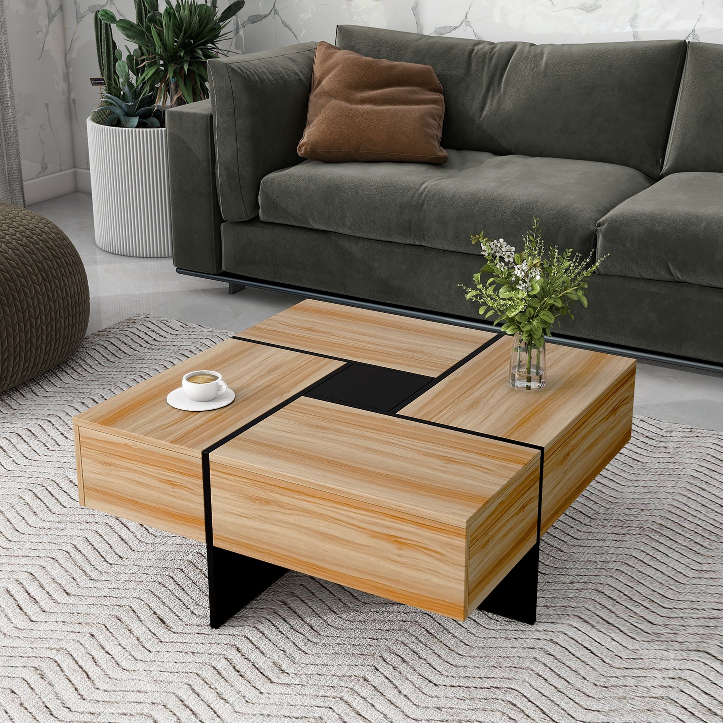SESSLIFE Modern Coffee Table with Hidden Storage Compartments, Square Extendable Sliding Tabletop for Living Room, UV High-gloss Design Center Table, Black Finish