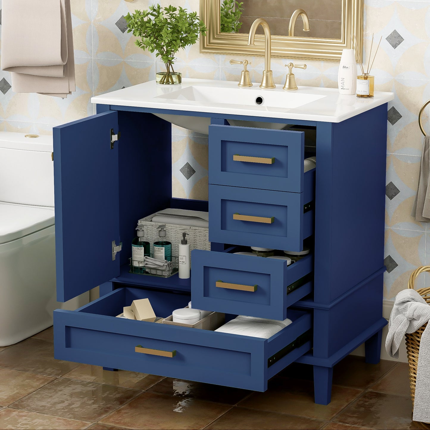 SESSLIFE 30" Bathroom Vanity with Sink, Modern Freestanding Bathroom Cabinet with Ceramic Sink, Soft Close Door and 3 Drawers, Solid Wood Frame, Sage Green