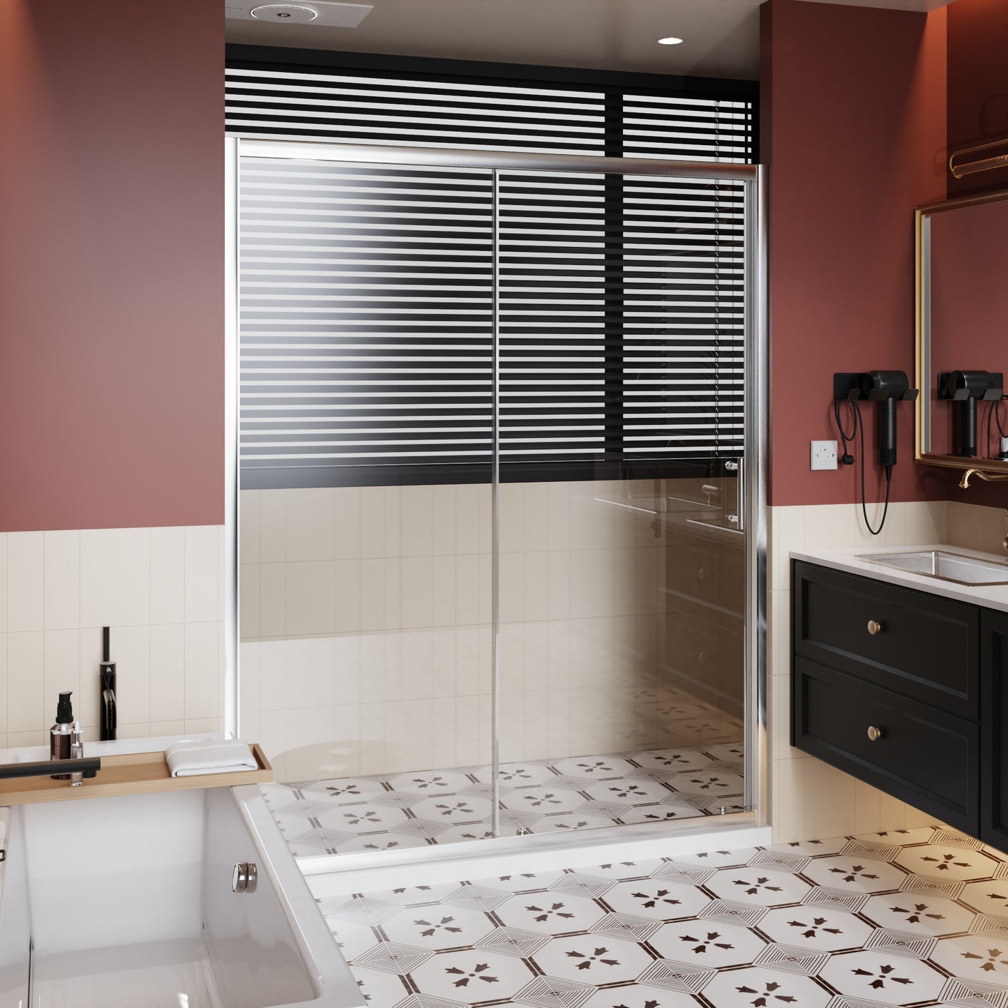SESSLIFE 48x72 Inch Sliding Shower Door, 1/5 inch Thick Clear Tempered Glass Shower Door with Stainless Steel Handle, Adjustable Width Anti-Leak Bathroom Door for Bathroom, Matte Black