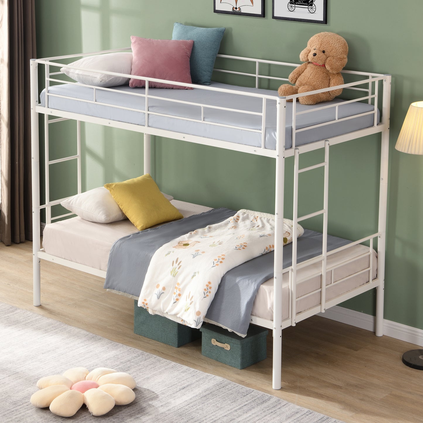 PARPOOS Metal Twin Over Twin Bunk Bed with 2 Ladders, Twin Bunk Beds fo Teens with Full Length Guardrails, Convertible Bunk Bed Can Be Divided Into 2 Twin Beds, No Box Spring Needed, Pink