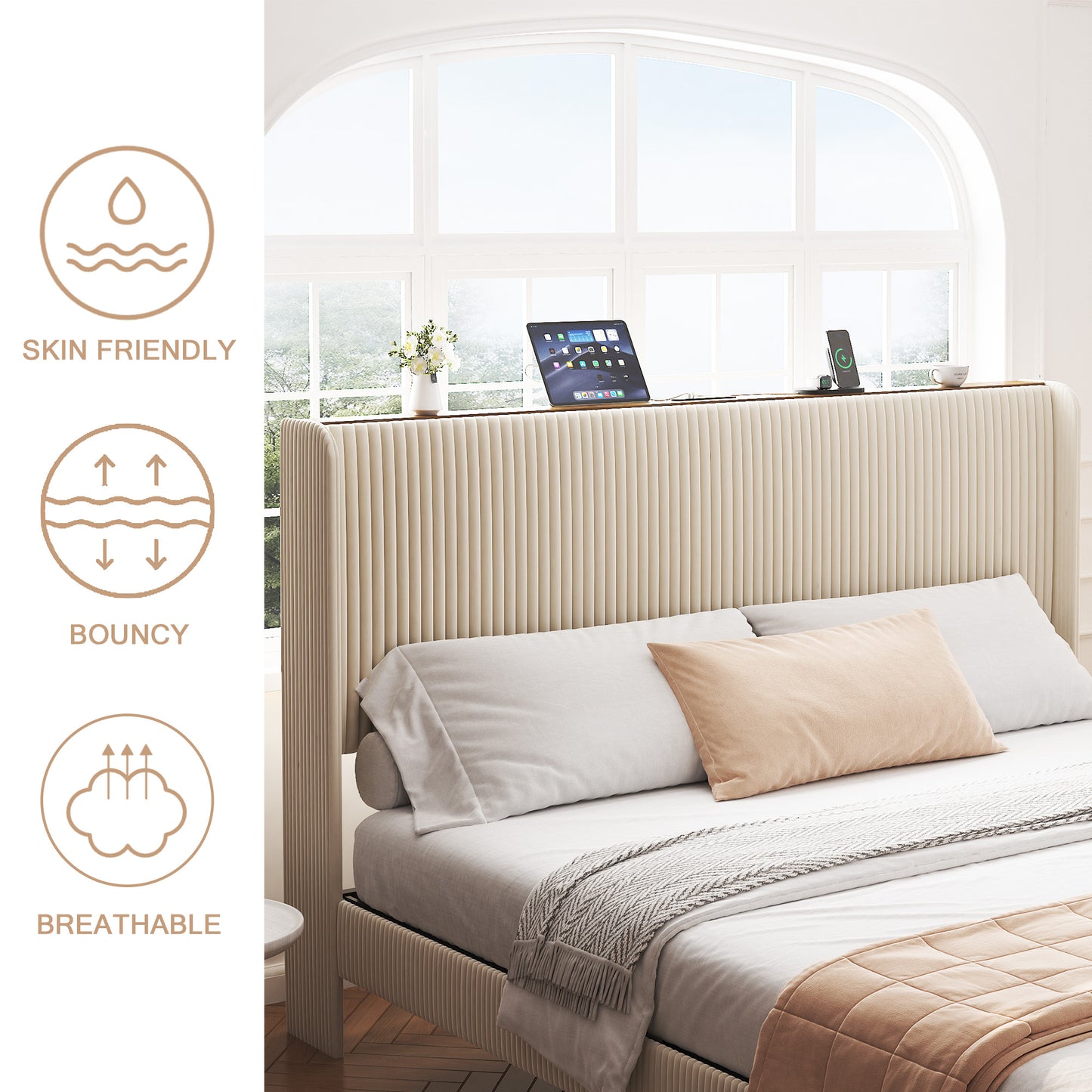 SESSLIFE Queen Platform Bed Frame with Charging Station, Beige Upholstered Bed Frame with Top Shelf Headboard, Metal Slats Hold up to 800lbs, Noise-Free, No Box Spring Needed, Easy Assembly