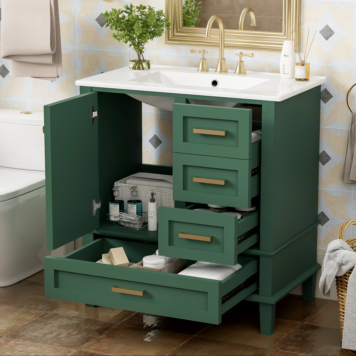 SESSLIFE 30" Bathroom Vanity with Sink, Modern Freestanding Bathroom Cabinet with Ceramic Sink, Soft Close Door and 3 Drawers, Solid Wood Frame, Sage Green