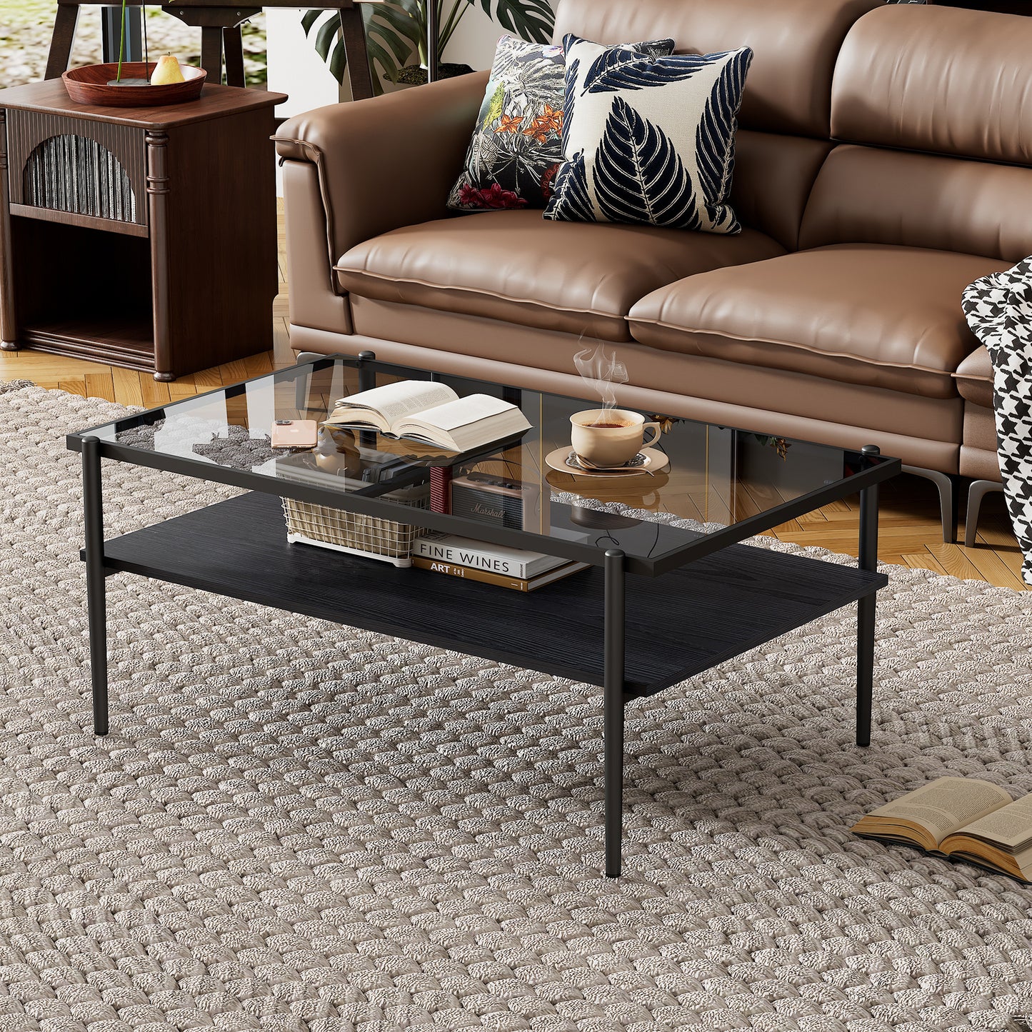 SESSLIFE Modern Rectangle Coffee Table with Glass Table Top, Easy to Clean Tempered Surface Ideal for Small Space, Stylish Yet Functional Living Room Accent, White