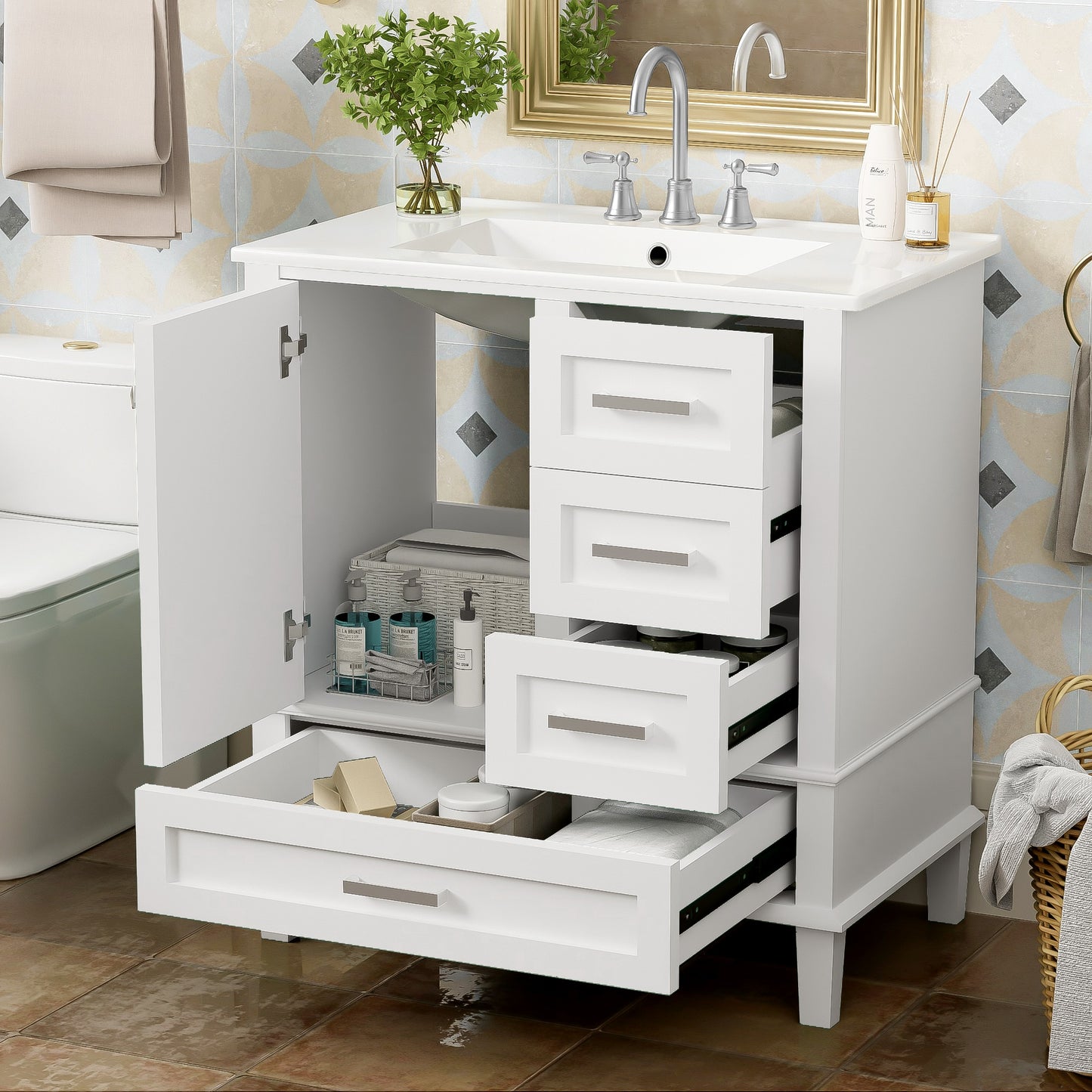 SESSLIFE 30" Bathroom Vanity with Sink, Modern Freestanding Bathroom Cabinet with Ceramic Sink, Soft Close Door and 3 Drawers, Solid Wood Frame, Sage Green