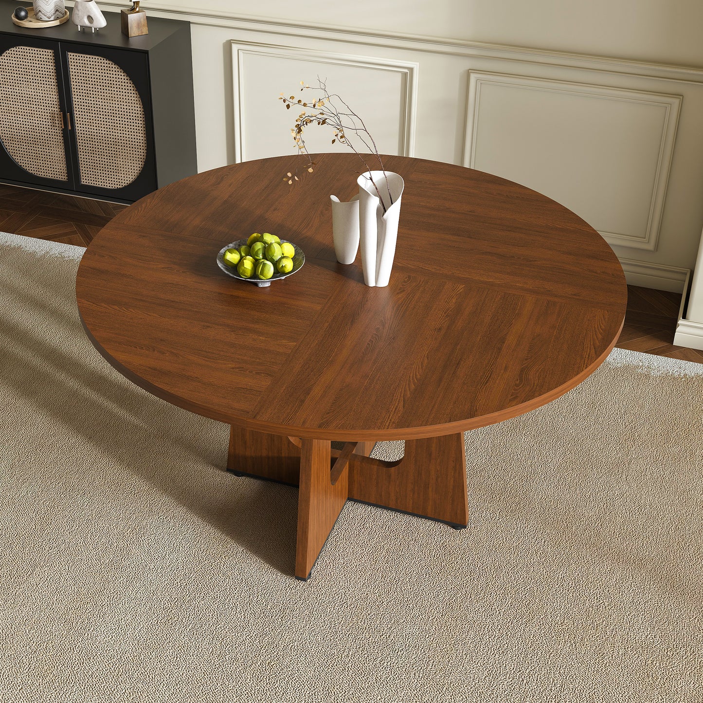 SESSLIFE 47" Round Dining Table for 4–6, Farmhouse Kitchen Table with Wood Grain Finish, Sturdy MDF Top and Metal Base, Easy Assembly, Ancient Oak