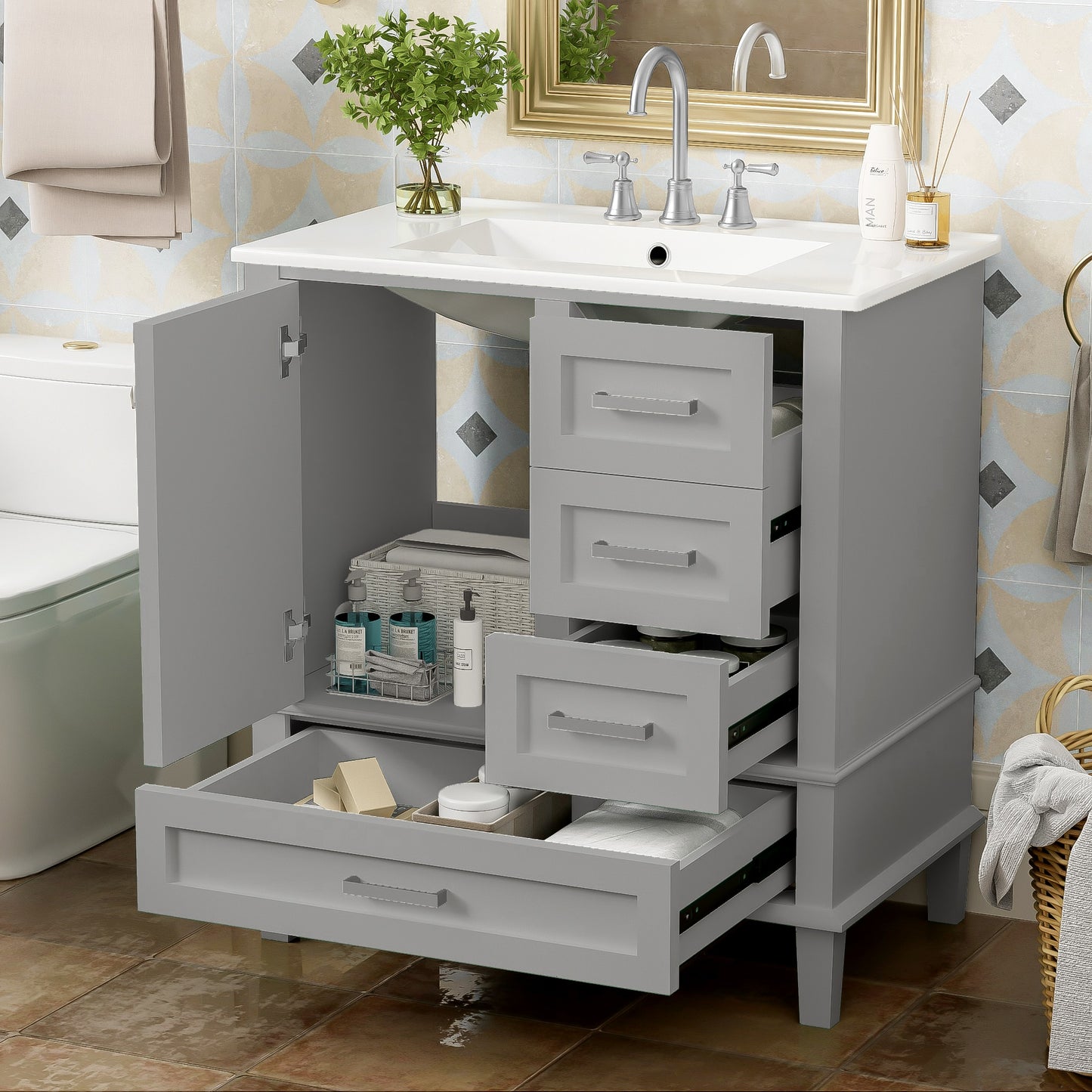 SESSLIFE 30" Bathroom Vanity with Sink, Modern Freestanding Bathroom Cabinet with Ceramic Sink, Soft Close Door and 3 Drawers, Solid Wood Frame, Sage Green