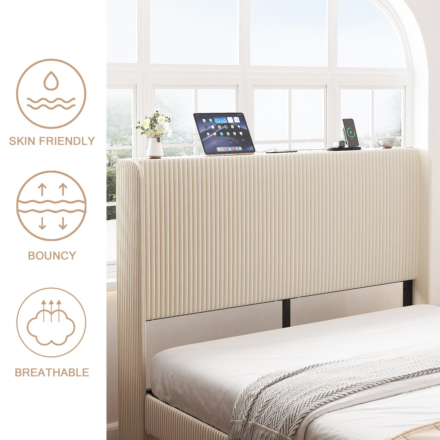 SESSLIFE Queen Platform Bed Frame with Charging Station, Beige Upholstered Bed Frame with Top Shelf Headboard, Metal Slats Hold up to 800lbs, Noise-Free, No Box Spring Needed, Easy Assembly