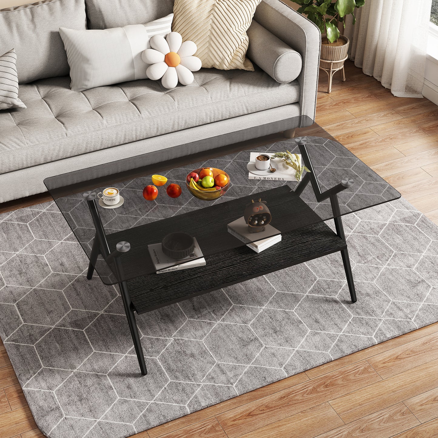 SESSLIFE Modern Coffee Table for Living Room with Tempered Glass Top, Rectangle Side Table with Brown Storage Shelf, Sturdy Metal Legs, Gray Glass Design, Easy Assembly, 38.6"