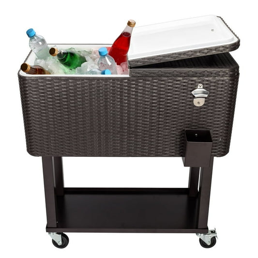 Outdoor Rattan Beverage Cooler Cart, 80 Quart Rolling Patio Cooler for Outdoor Deck Party, Portable Wicker Ice Chest Cooler with Wheels, Shelf, Bottle Opener, JA2261
