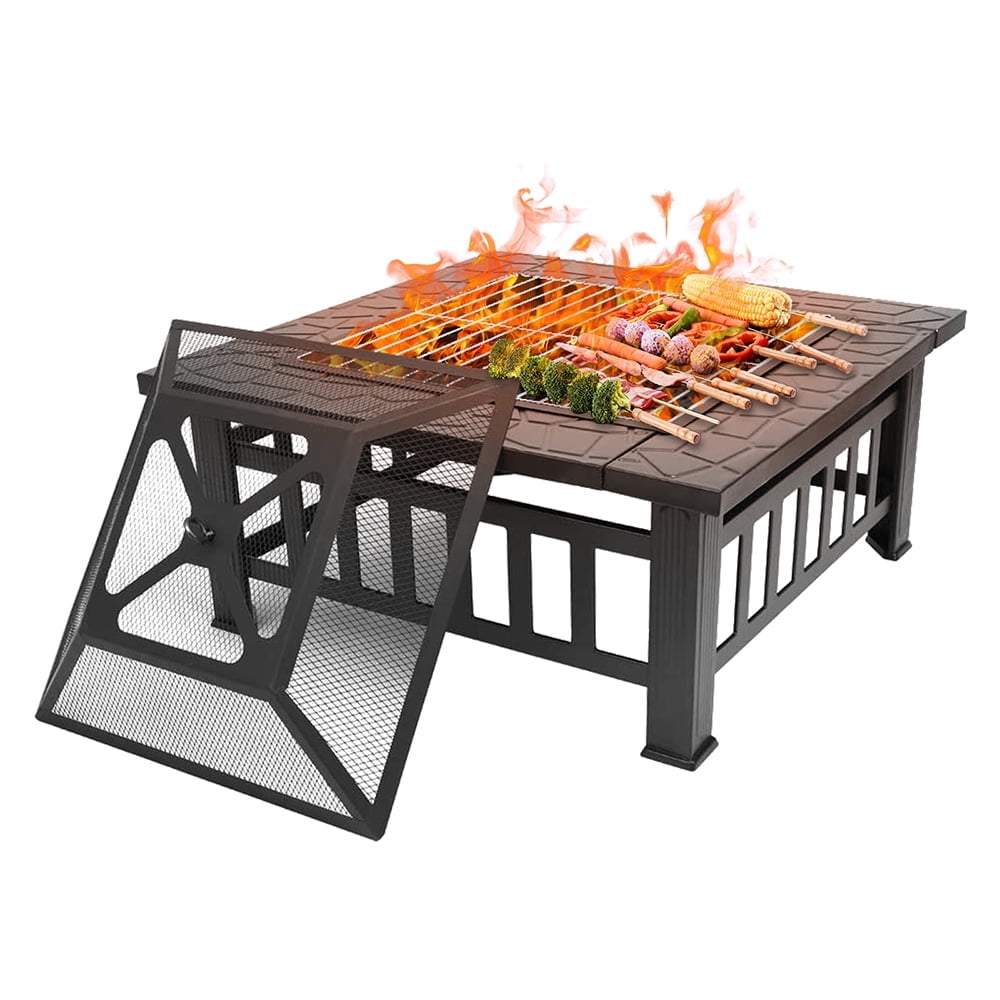 Outdoor Wood Burning Fire Pit, 32" Square Metal Fire Pit for Patio with Spark Screen, 3 In 1 Fire Pit BBQ Grill, Ice Pit, Garden Firepit Stove for Camping Picnic Bonfire Backyard