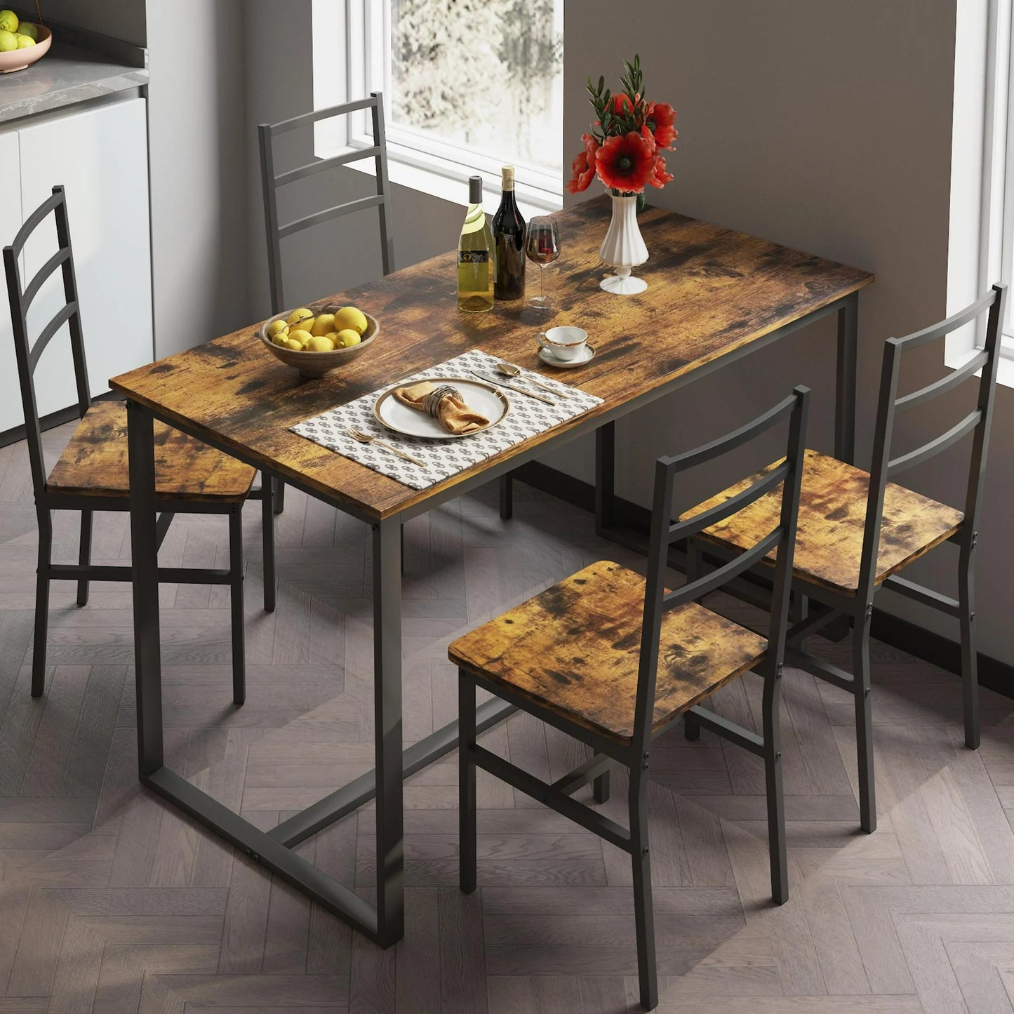 SESSLIFE 5 Pieces Dining Table Set, Dining Table Set for 4 for Dining Room, Breakfast Nook, Compact Space, Kitchen Table Set with Foldable Table and 4 Wood Chairs