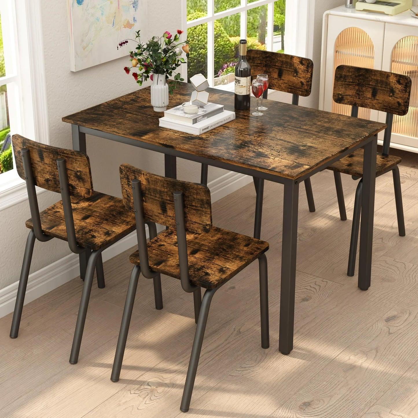 SESSLIFE 5 Pieces Dining Table Set, Dining Table Set for 4 for Dining Room, Breakfast Nook, Compact Space, Kitchen Table Set with Foldable Table and 4 Wood Chairs