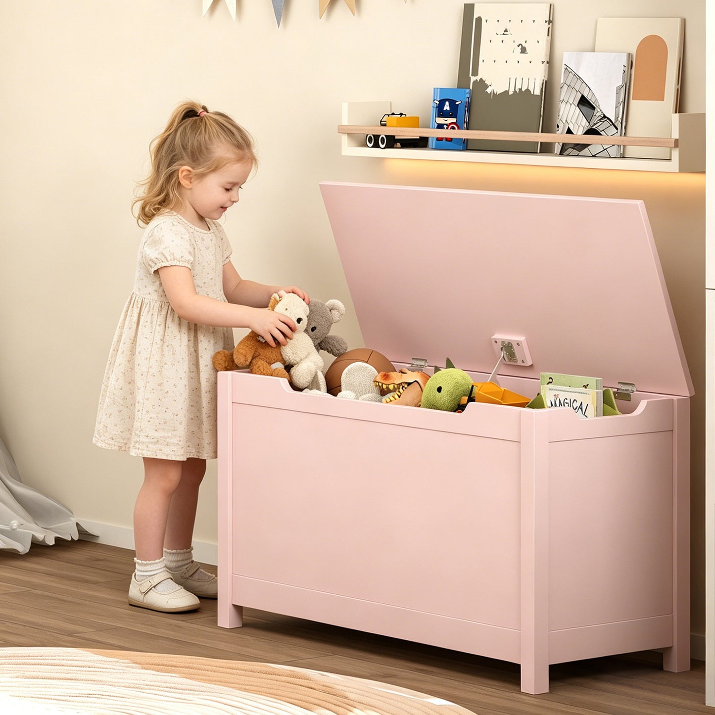 SESSLIFE Toy Storage Box with Lid, Wooden Toy Chest Seating Bench for Boys and Girls, Safety Hinged Storage Chest, Toy Organizer for Playroom Bedroom Entryway