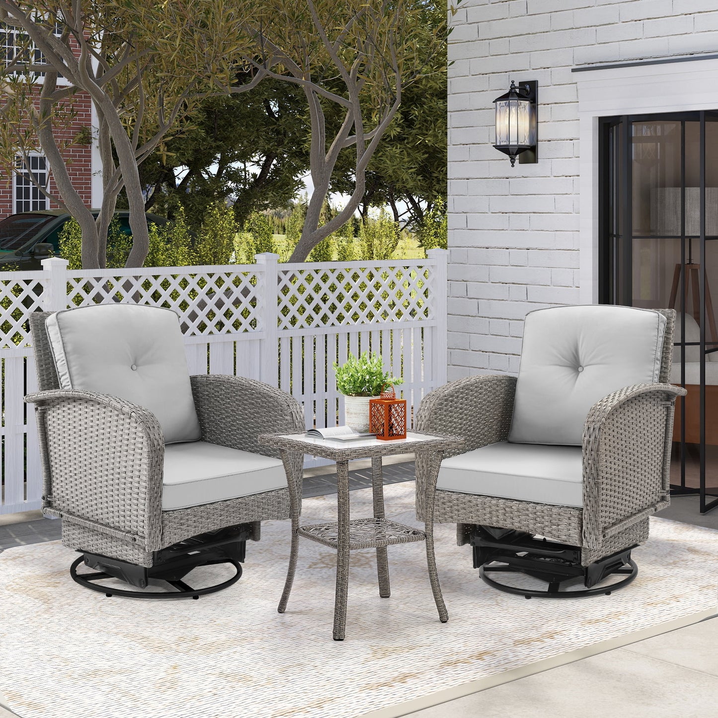 Enyopro Outdoor Swivel Rocker Chairs, Patio Conversation Set, All Weather PE Rattan Furniture Sets with Coffee Table for Patio Balcony Backyard Deck, Light Gray