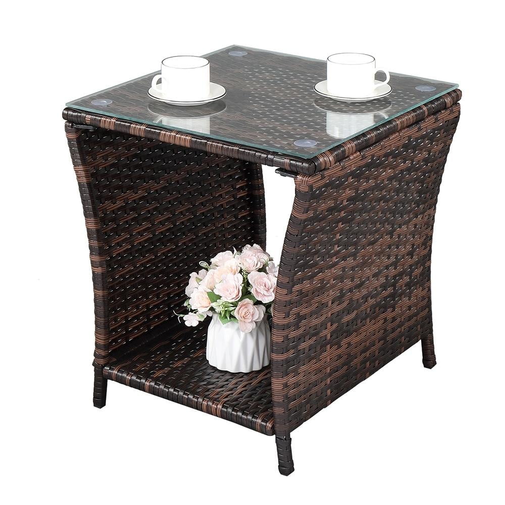 Patio Side Table, Outdoor PE Wicker Side Table with Tempered Glass Tabletop, Weather Resistant Rattan Side Table for Garden, Deck, Balcony, Backyard, Brown