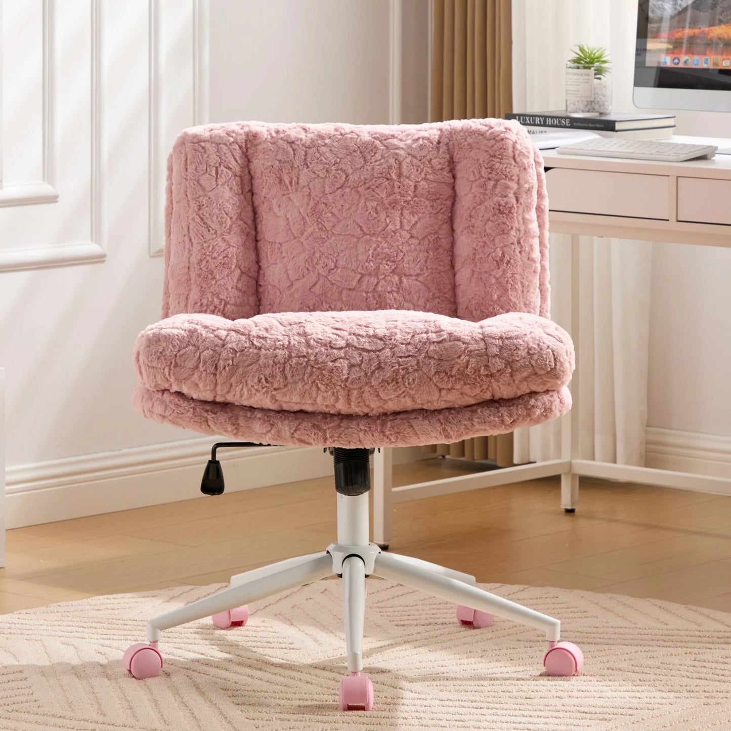 Pink Computer Chair, Large Velvet Fabric Swivel Task Chair for Home Office, Ergonomic Comfortable Chair, Comfy Chair