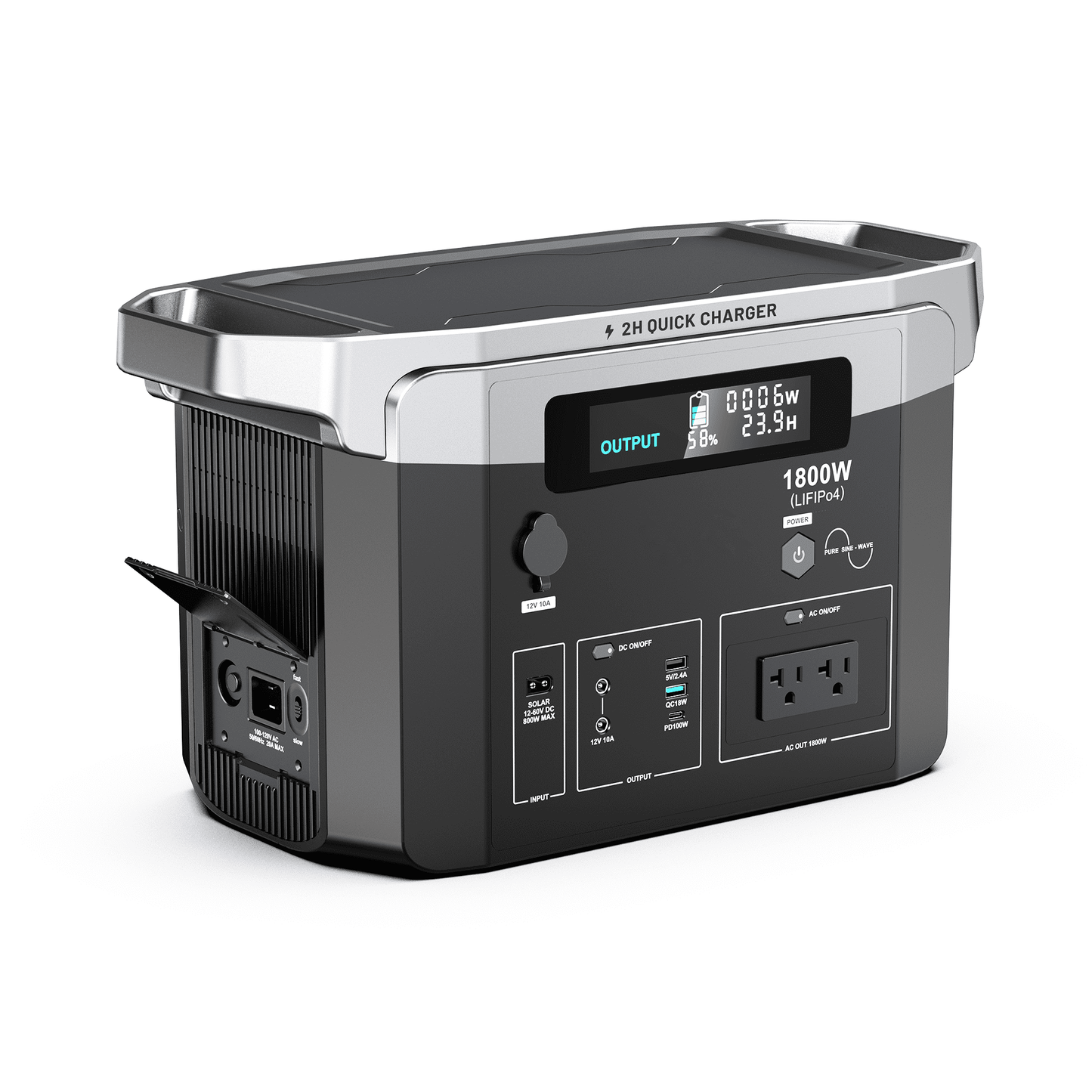Portable Power Station 1800W Pure Sine Wave, 120V AC Solar/Car/Wall Charging, Solar MPPT Inverters, Smart LCD Display, 100W USB-C PD Fast Charging, Emergency Backup for Home, Camping & Outdoor