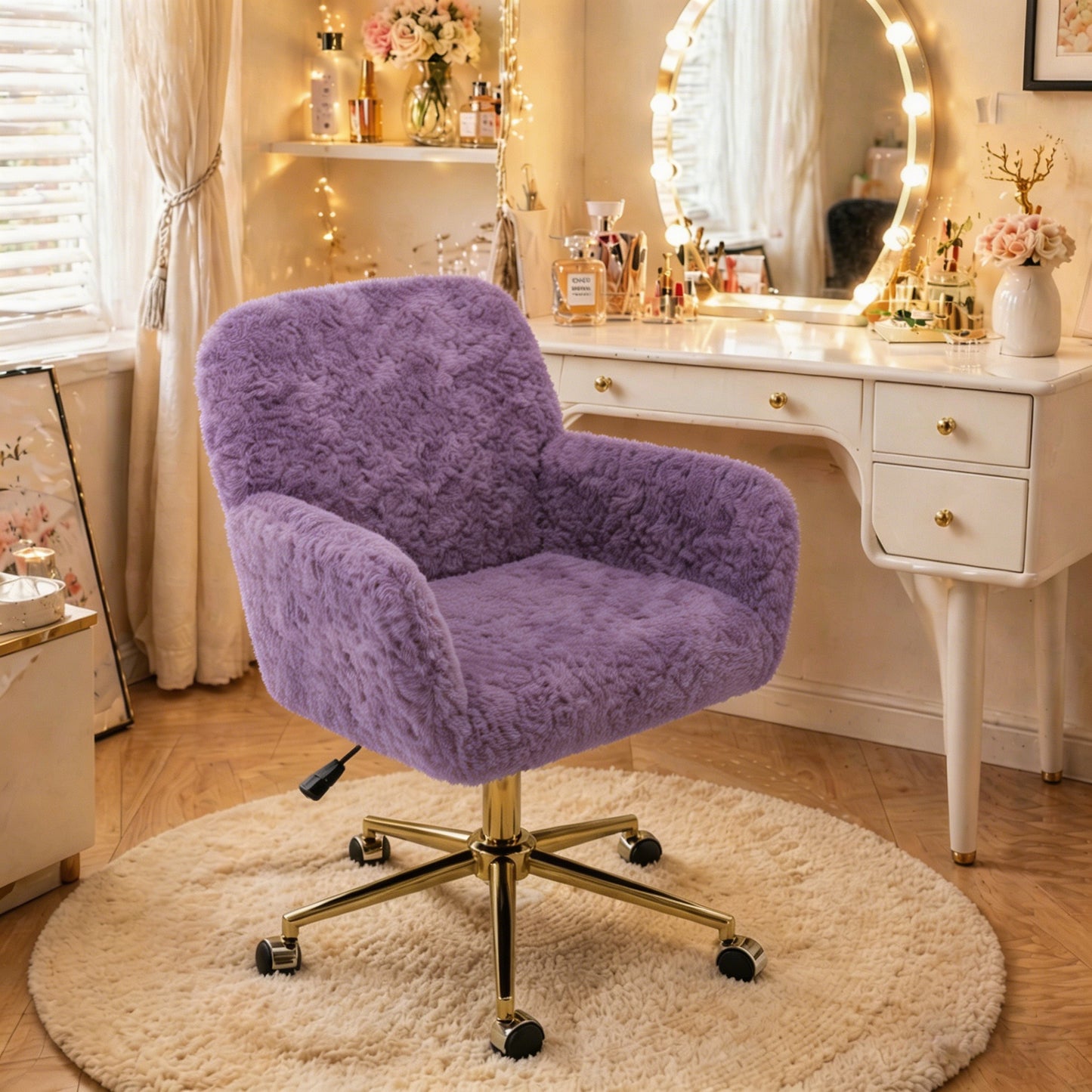 SESSLIFE Vanity Chair, Height Adjustable Velvet Computer Chair, Modern Makeup Chair, 360° Swivel Office Chair, Mid Back Chair, Living Room Chairs, Purple
