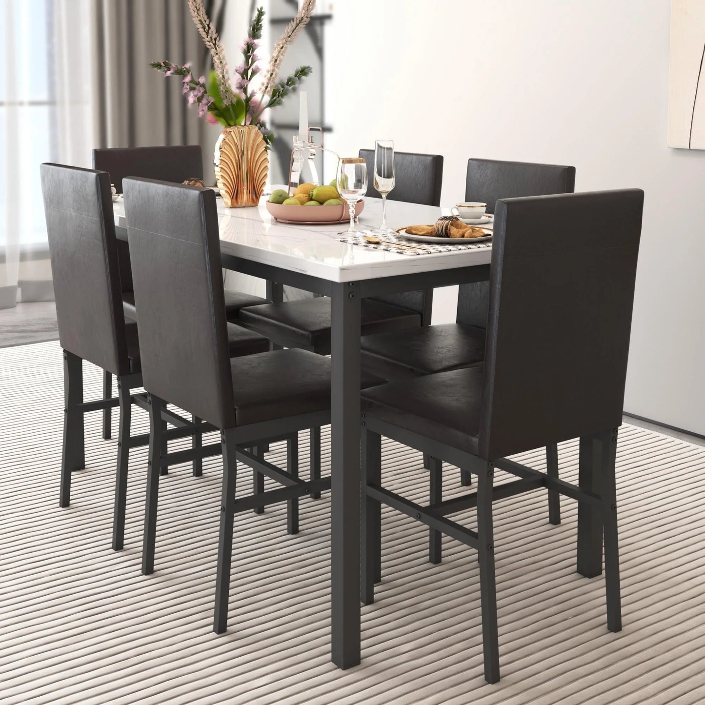 Rectangle Dining Table Set for 4, 5 Pieces Dining Table Set, Tempered Glass Table and 4 Faux Leather Chairs, Compact Kitchen Table Set for Home, Breakfast Nook, Cafeteria Dining Room
