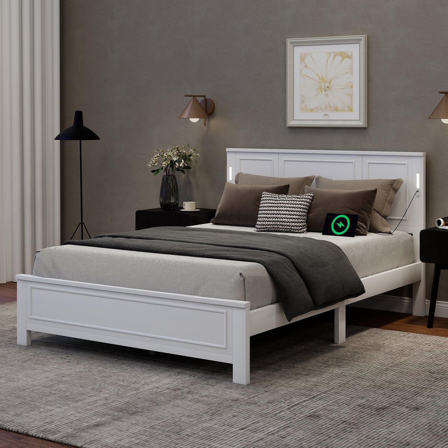Sesslife King Size Bed Frame with Headboard & Footboard, Wood Platform Bed with Built-in LED Lights, Charging Station, Modern Farmhouse King Bed Frame with Slats, No Box Spring Needed, Walnut