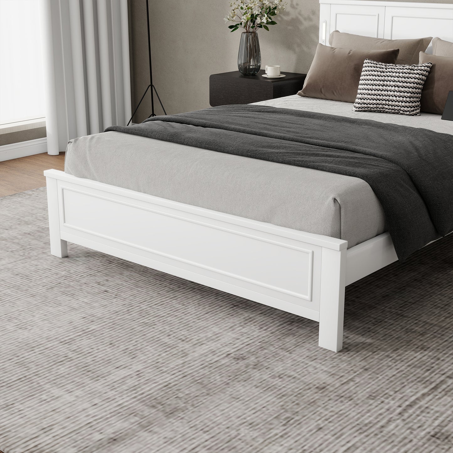 Sesslife King Size Bed Frame with Headboard & Footboard, Wood Platform Bed with Built-in LED Lights, Charging Station, Modern Farmhouse King Bed Frame with Slats, No Box Spring Needed, Walnut