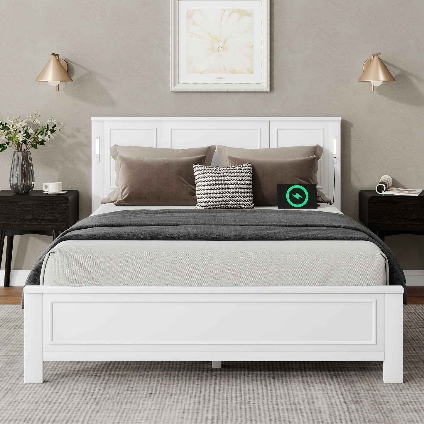 Sesslife King Size Bed Frame with Headboard & Footboard, Wood Platform Bed with Built-in LED Lights, Charging Station, Modern Farmhouse King Bed Frame with Slats, No Box Spring Needed, Walnut