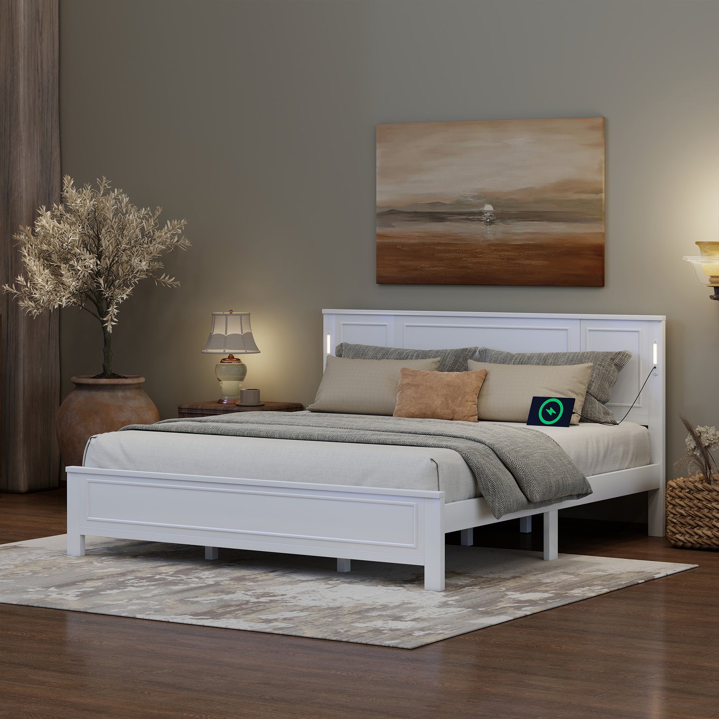 Sesslife King Size Bed Frame with Headboard & Footboard, Wood Platform Bed with Built-in LED Lights, Charging Station, Modern Farmhouse King Bed Frame with Slats, No Box Spring Needed, Walnut