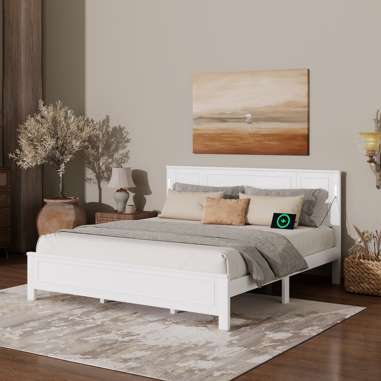 Sesslife King Size Bed Frame with Headboard & Footboard, Wood Platform Bed with Built-in LED Lights, Charging Station, Modern Farmhouse King Bed Frame with Slats, No Box Spring Needed, Walnut